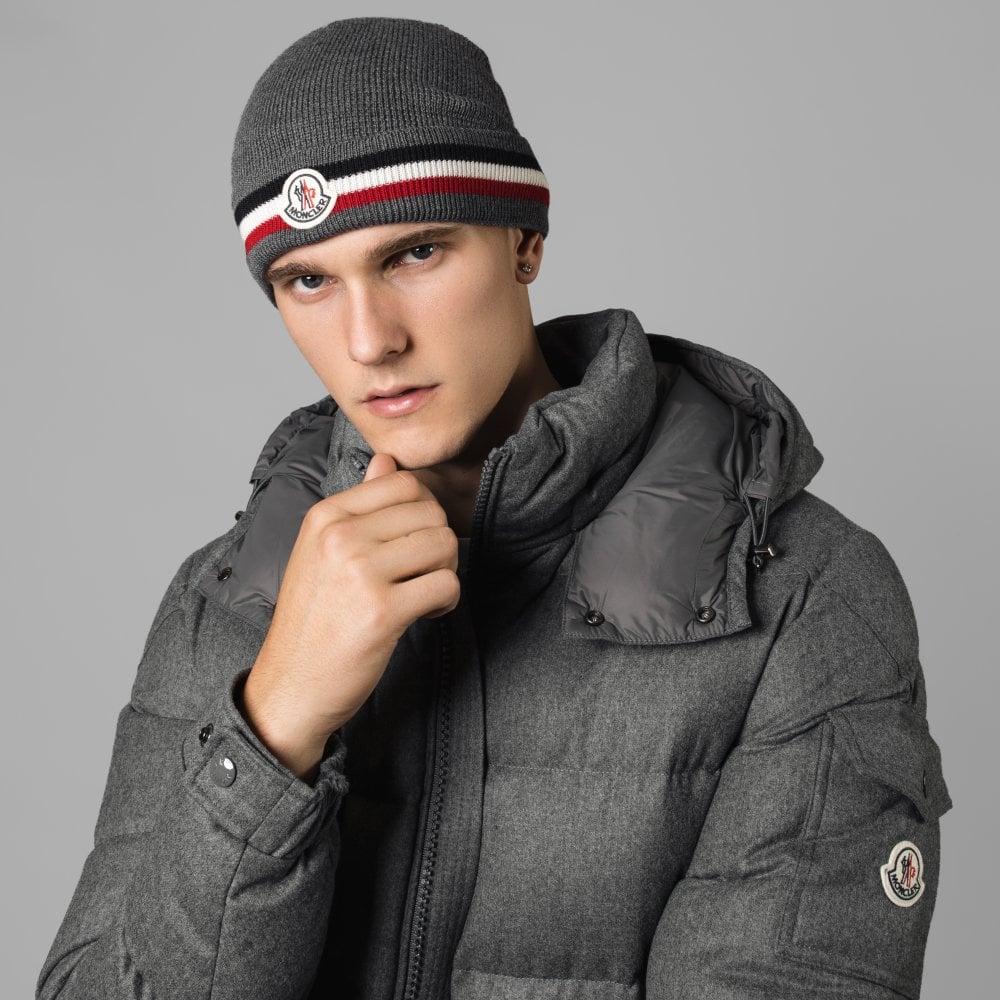 Moncler Grey Tricolour Logo Beanie in Gray for Men | Lyst