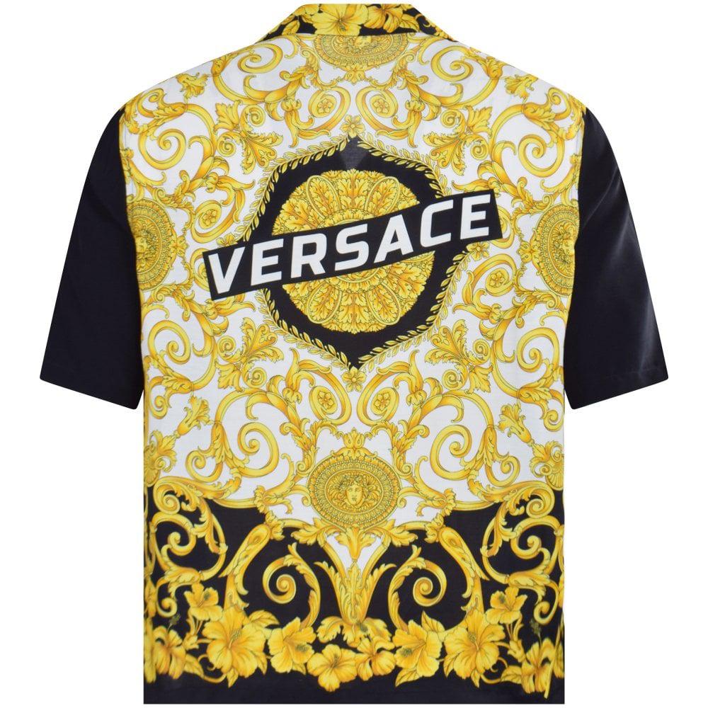 Versace Black/gold Hibiscus Print Short Sleeve Shirt for Men - Lyst