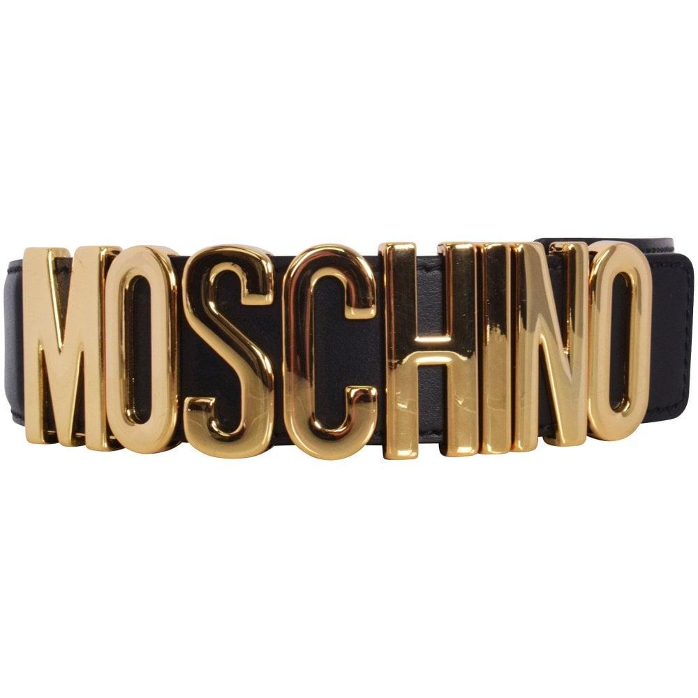 Moschino Gold Logo Plaque Leather Belt in Black for Men - Lyst