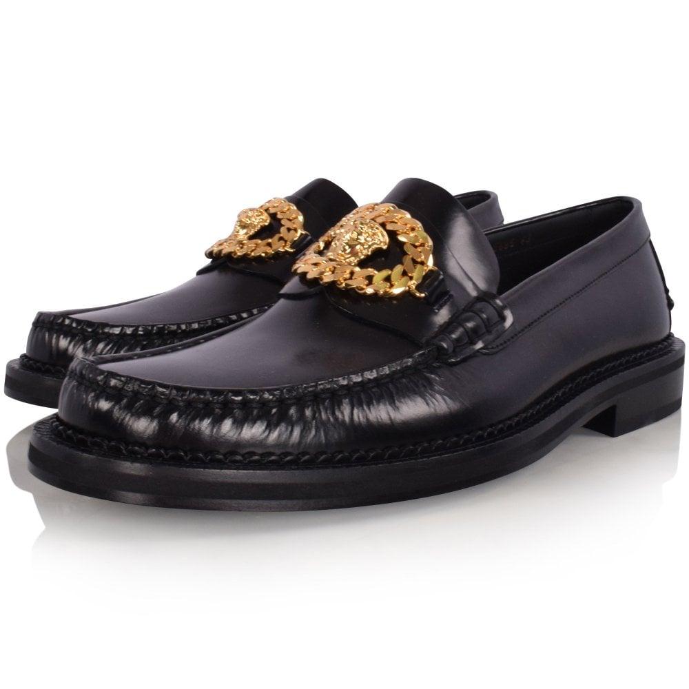 Versace Black Medusa Chain Leather Loafers for Men Lyst