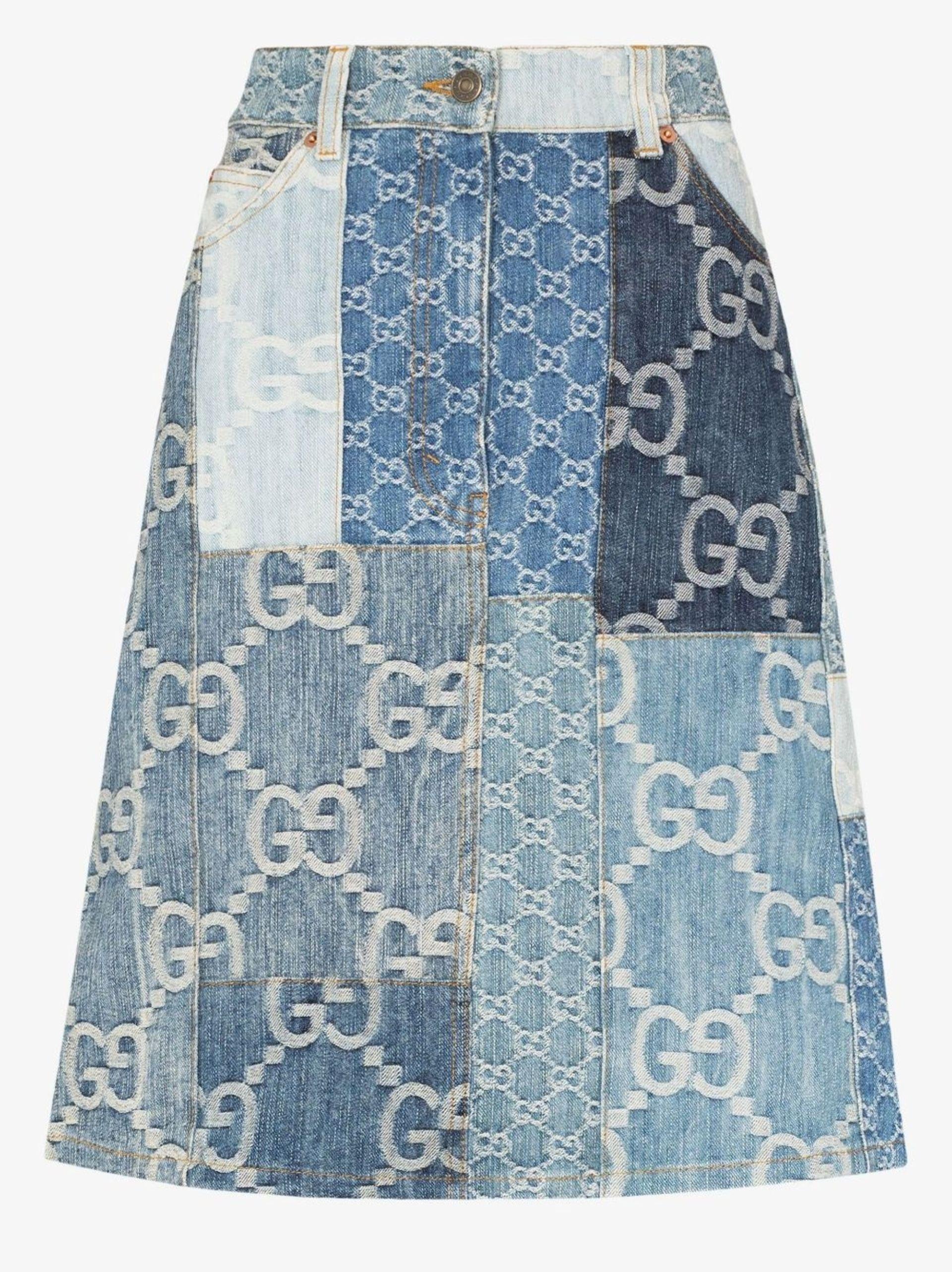 Gucci Patchwork gg Denim Knee-length Skirt in Blue | Lyst
