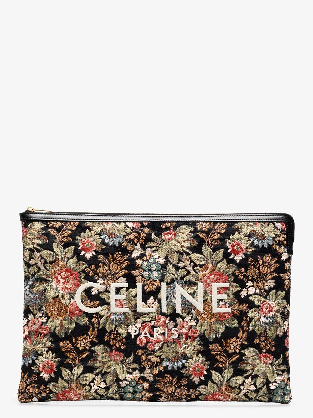 Celine Multicoloured Floral Tapestry Cotton Logo Clutch in Black | Lyst