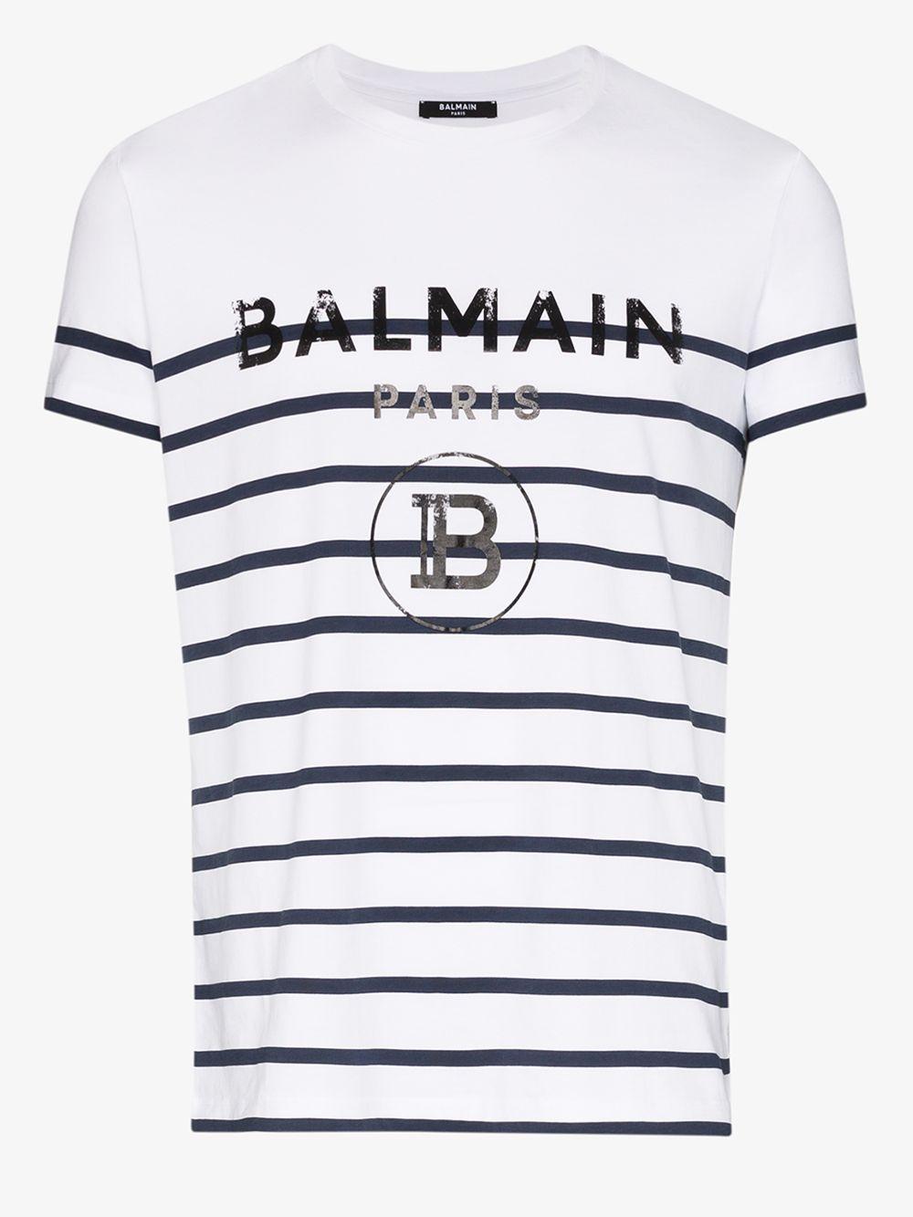 Balmain Cotton Striped Logo Graphic Tee in White Blue (White) for Men ...