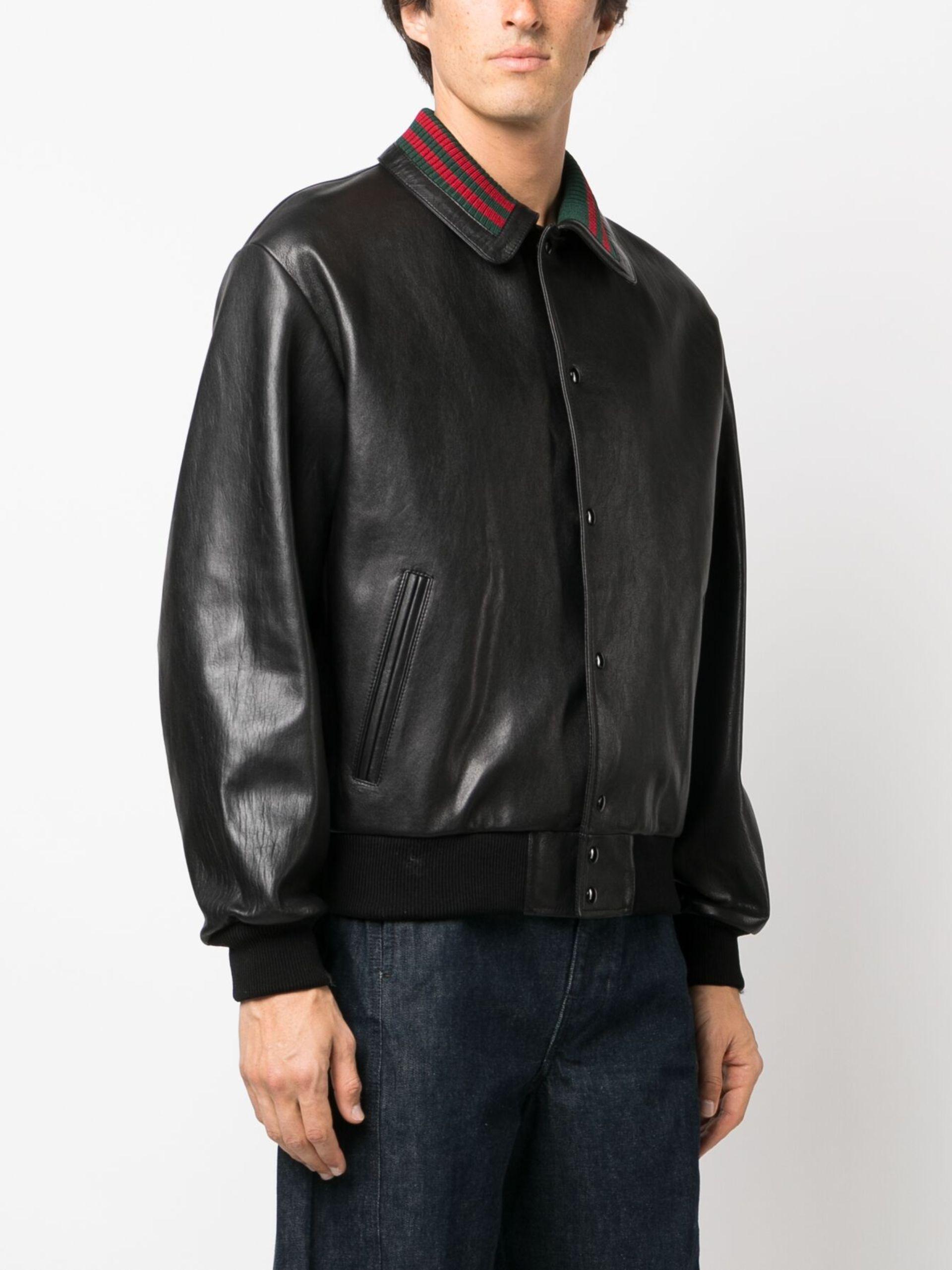 Gucci Web-detail Leather Jacket in Black for Men | Lyst