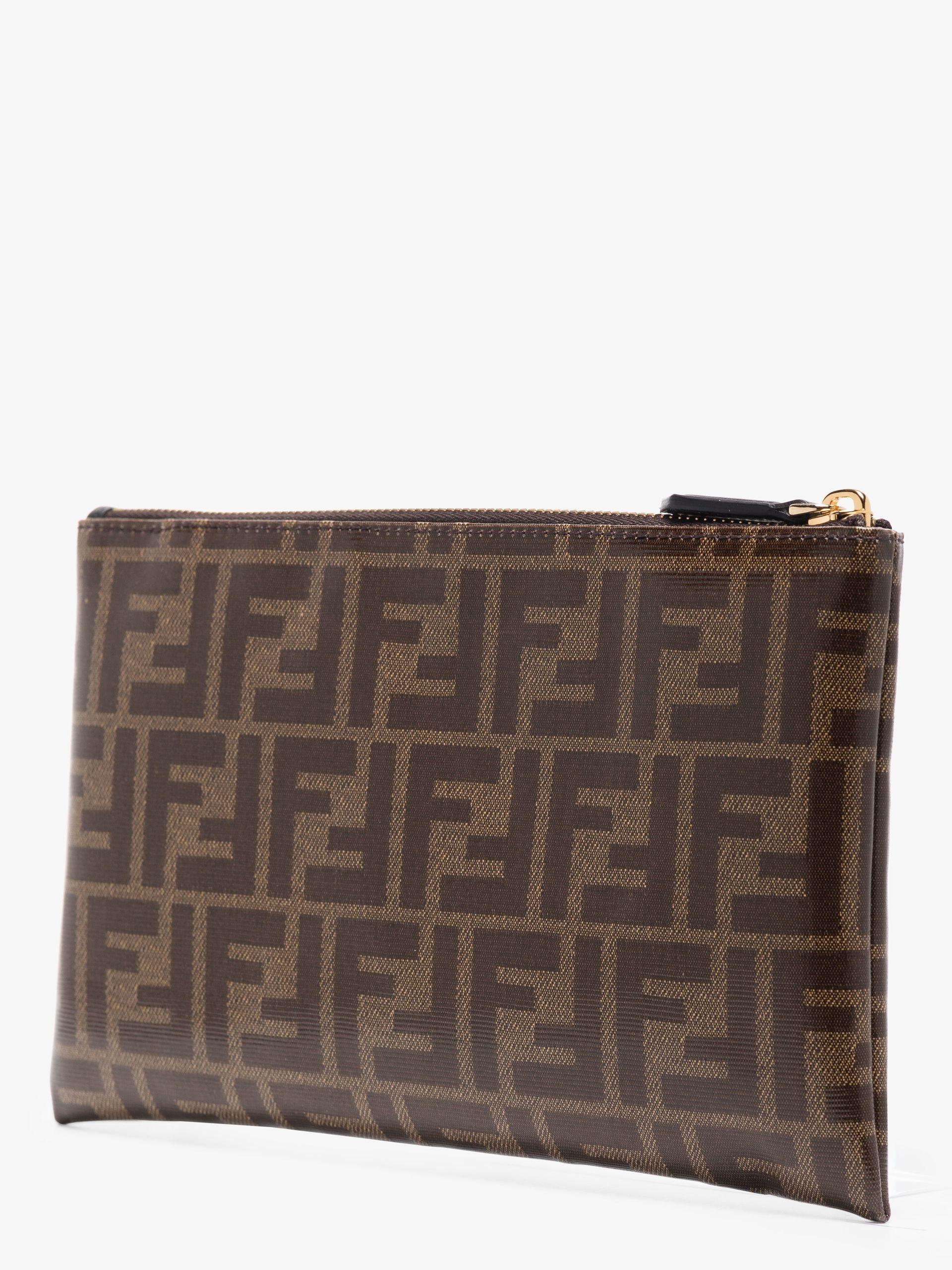 Fendi Ff Logo Leather Clutch Bag in Brown | Lyst