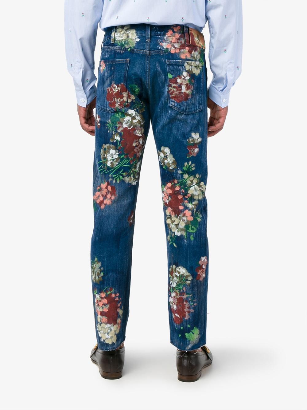 Gucci Denim Floral Painted Jeans for Men - Lyst