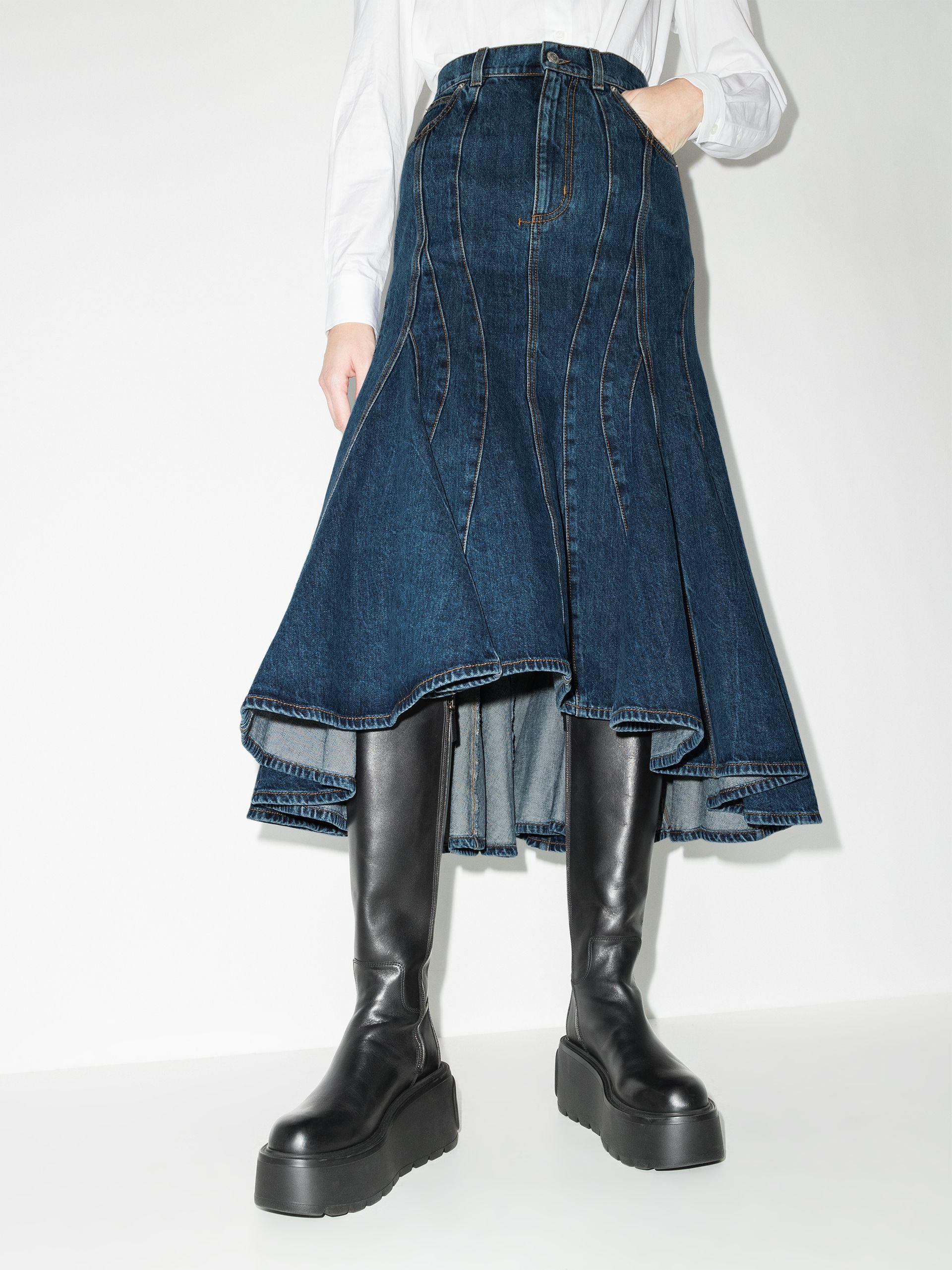 Alexander McQueen Panelled Denim Midi Skirt in Blue | Lyst