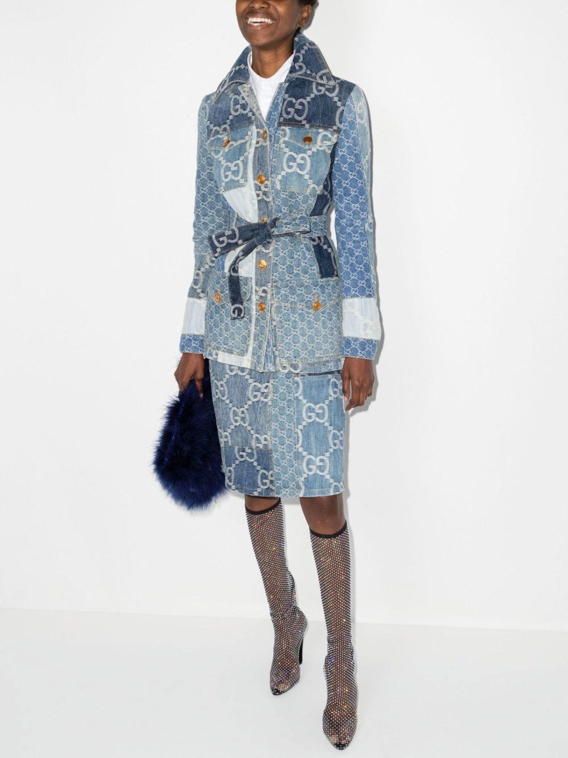 Gucci Patchwork gg Denim Knee-length Skirt in Blue | Lyst