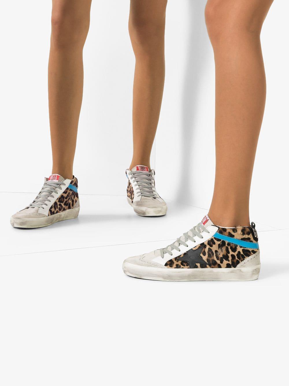 Golden Goose White, Brown And Blue Mid Star Leopard Print Ponyhair Sneakers  | Lyst