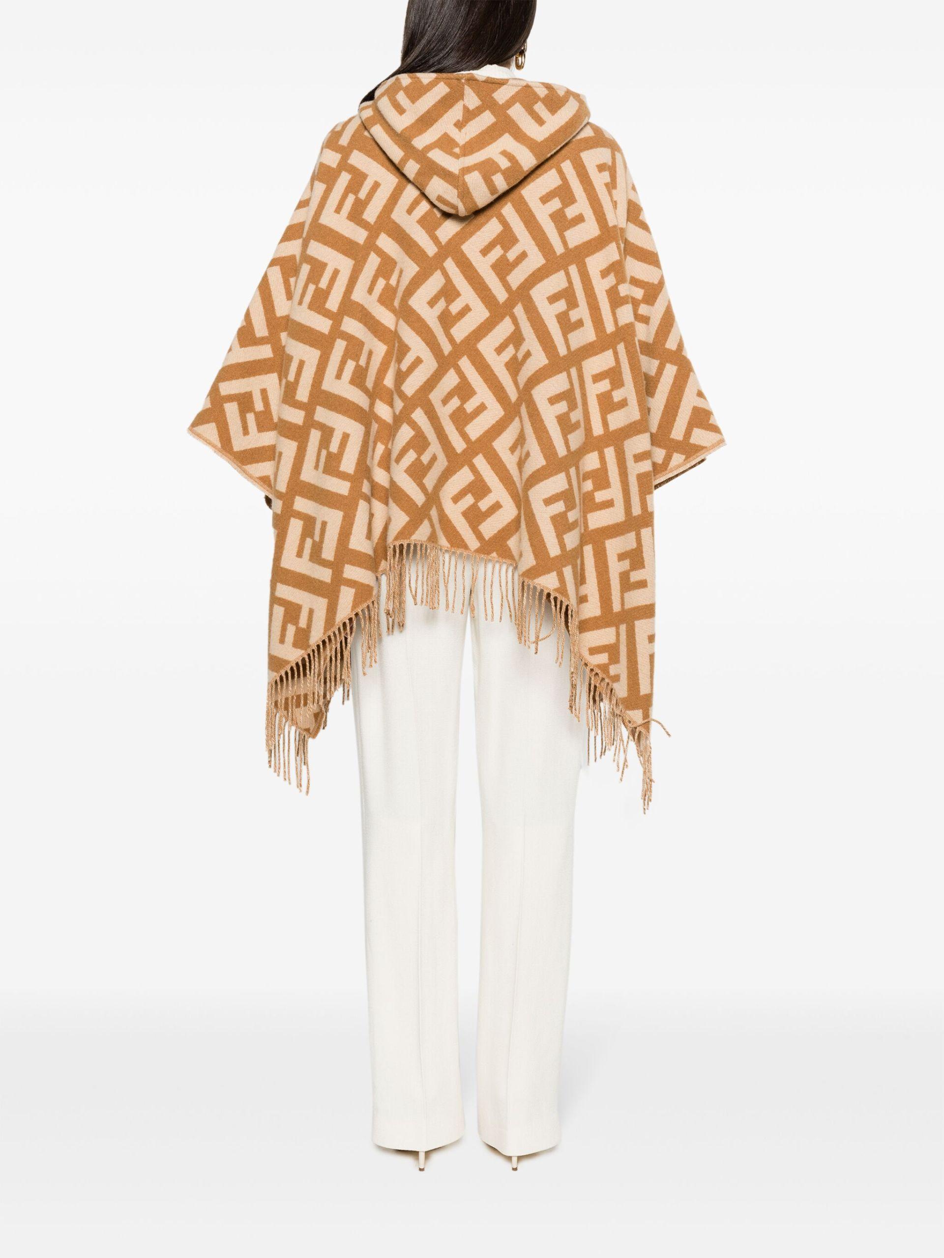 Fendi Brown Ff Logo Fringed Cashmere Poncho | Lyst UK