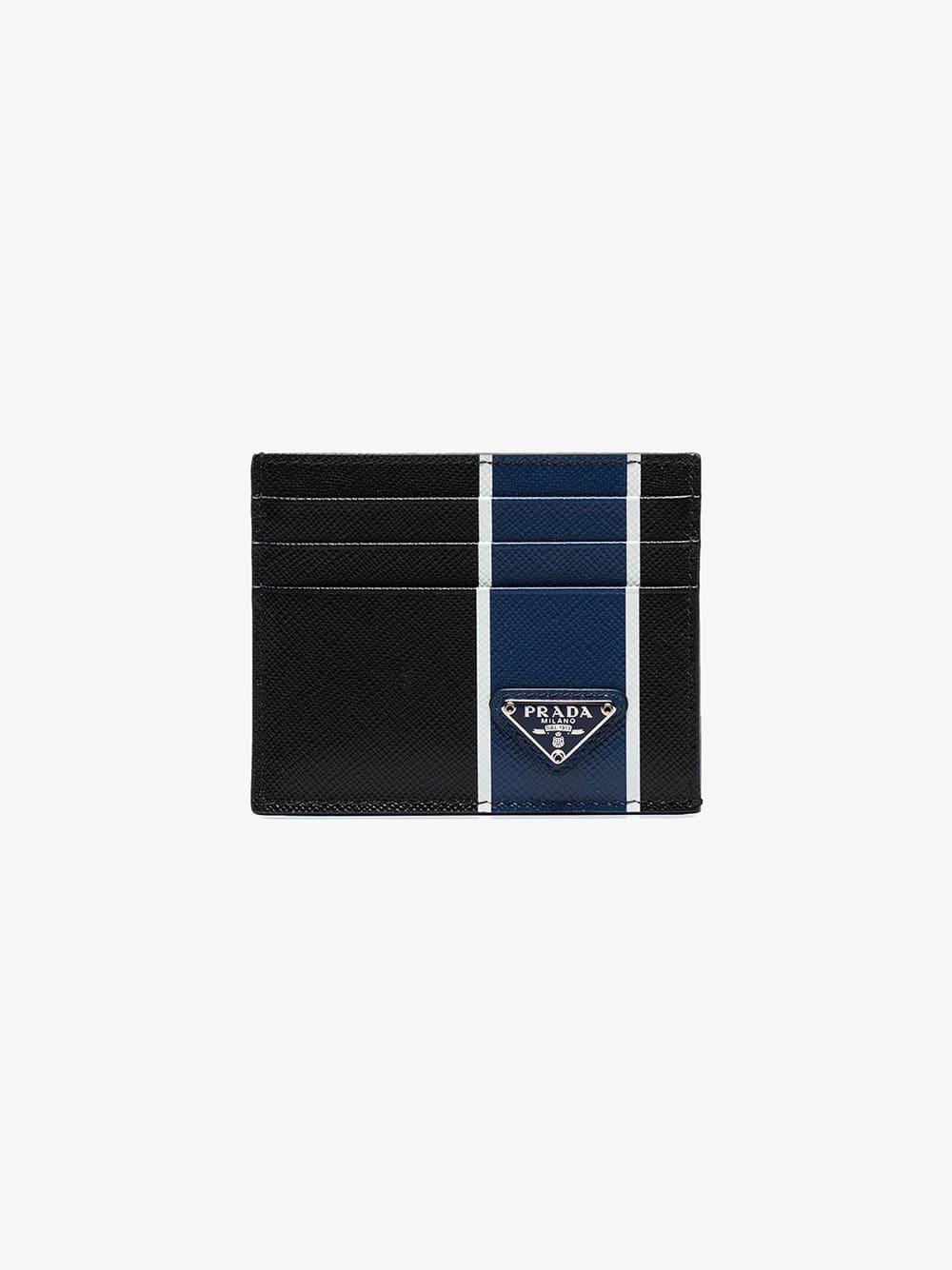 Prada Leather Logo Stripe Cardholder in Blue for Men | Lyst