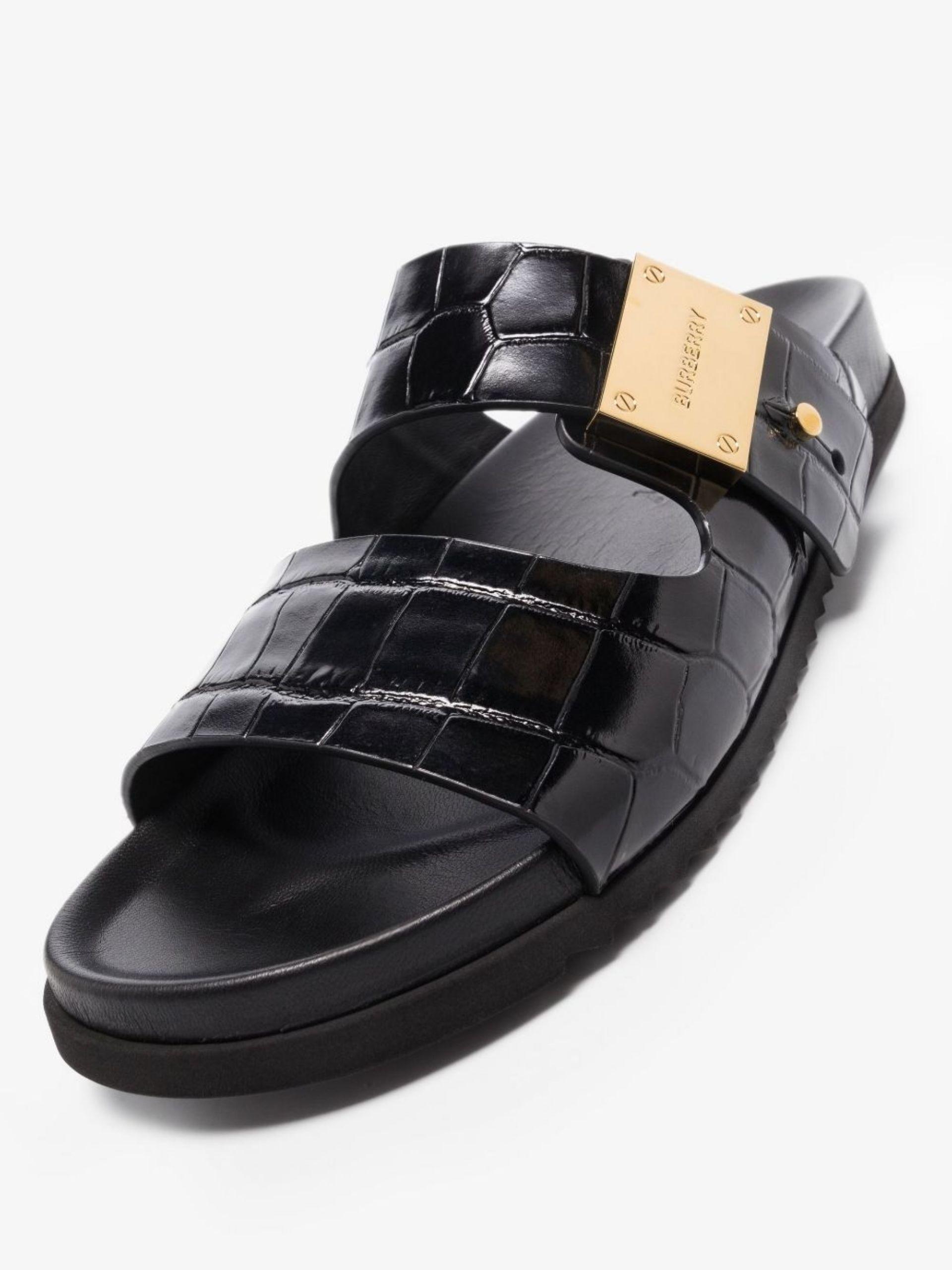 Burberry Black Olympia Mock Croc Leather Sandals | Lyst