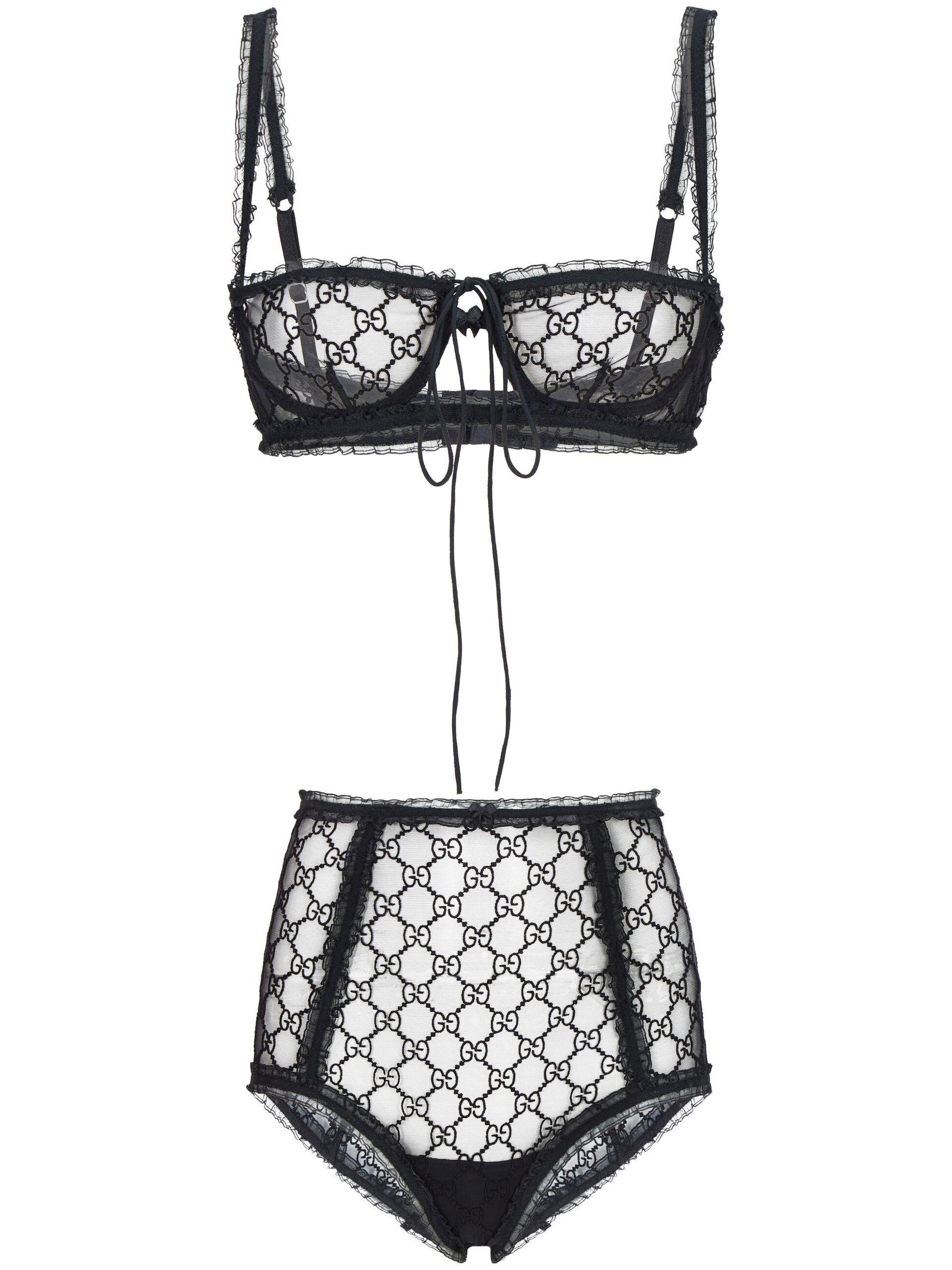 Gucci Women's GG Logo Sheer-Lace Lingerie Set in Black