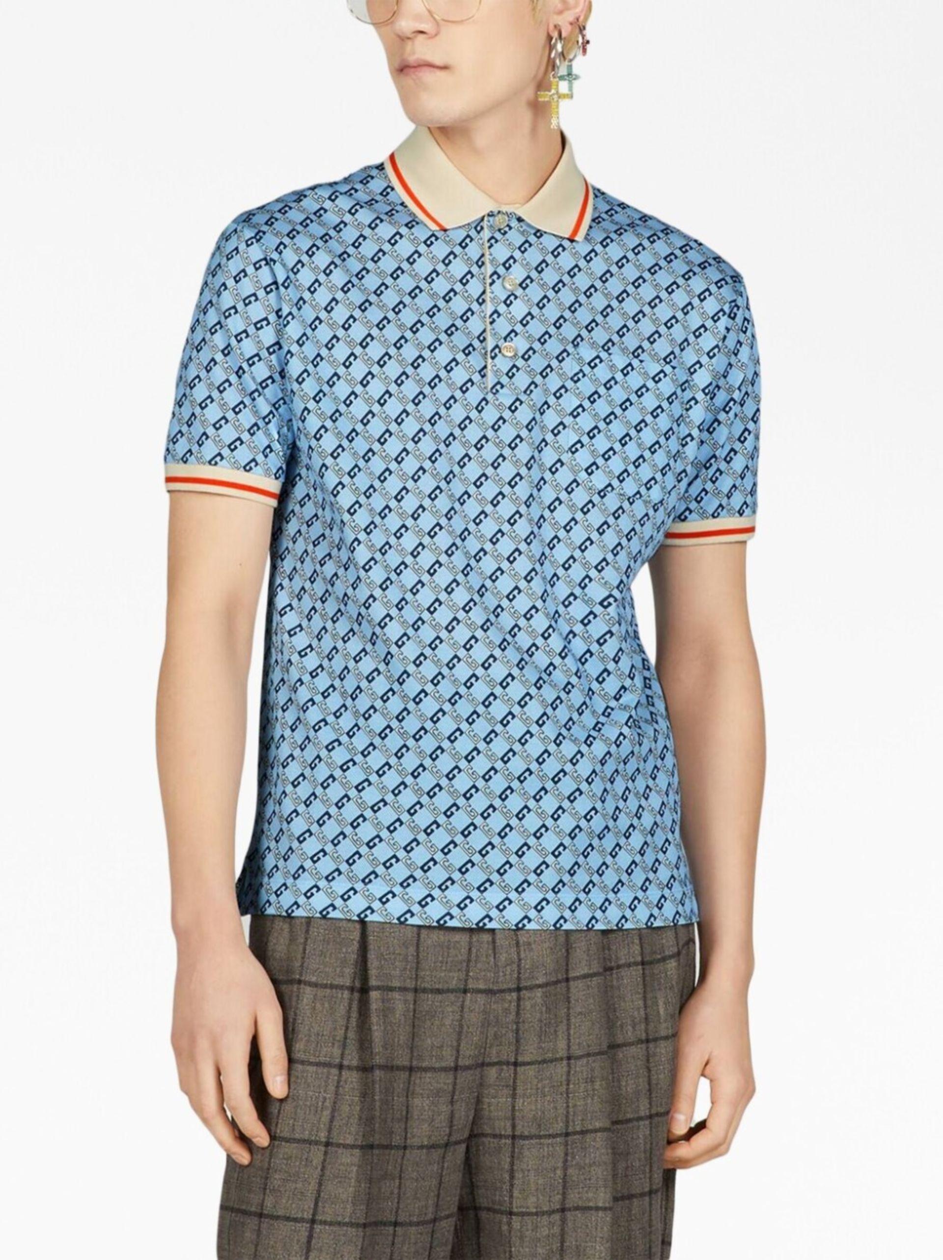 Gucci Geometric G Cotton Piquet Polo Shirt in Blue for Men | Lyst