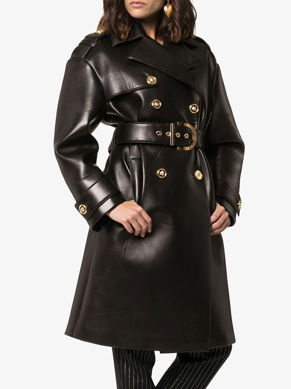 Versace Lambskin Leather Trench Coat in Black | Lyst