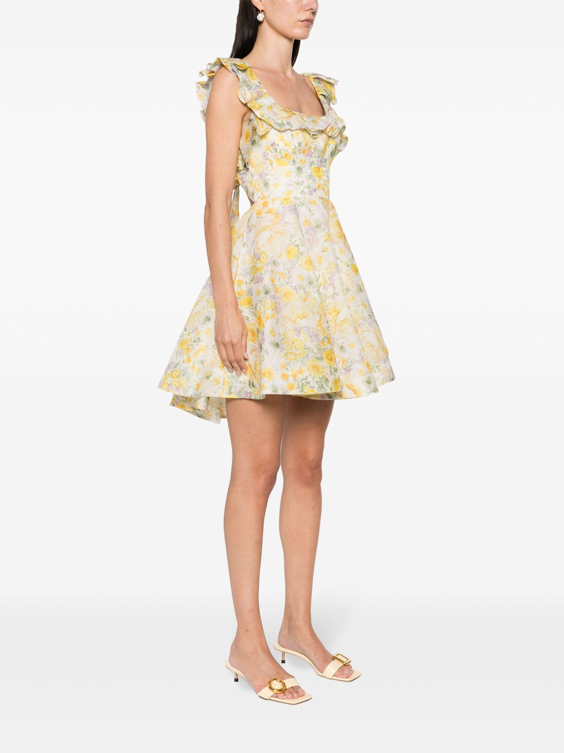 ワンピース ZIMMERMANN Frill cotton short dress floral print Mustard Zimmermann Postcard Mini Dress Swirl Floral Yellow Swflyl