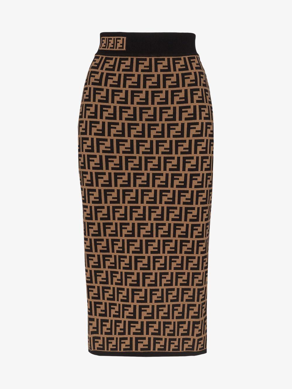 Fendi Ff Logo Intarsia Knitted Pencil Skirt in Brown | Lyst