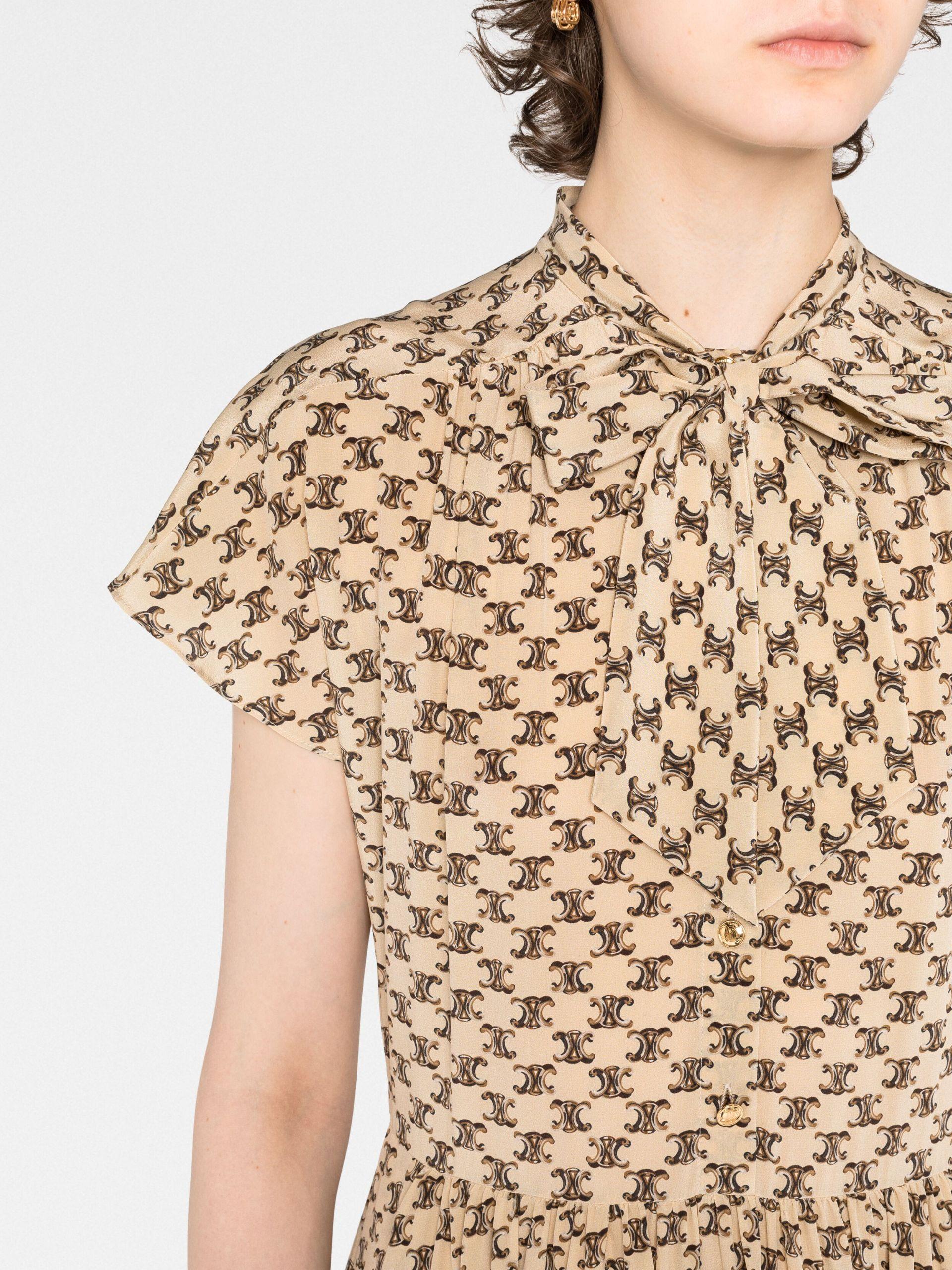 Celine Neutral Lavalliére Triomphe Print Silk Dress in