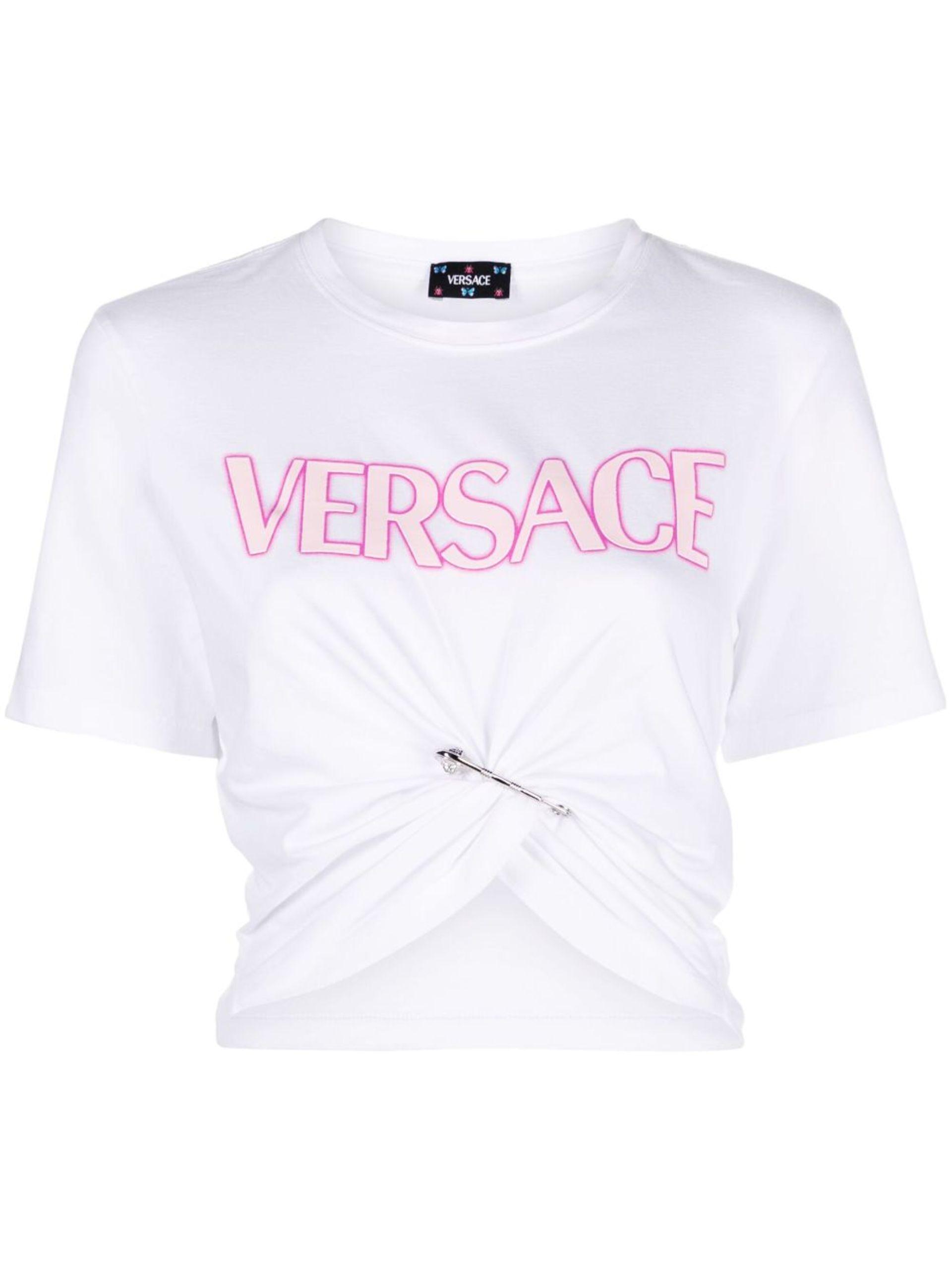 Versace Safety-pin Logo-print T-shirt in Pink | Lyst