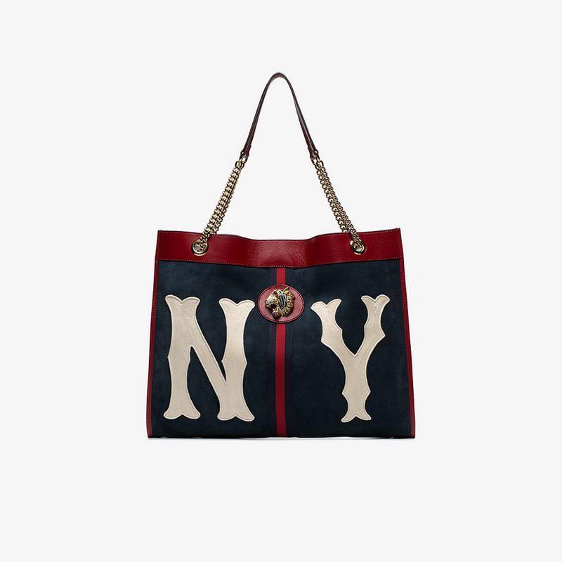 Gucci Rajah Ny Yankees Large Suede & Leather Tote in Blue | Lyst