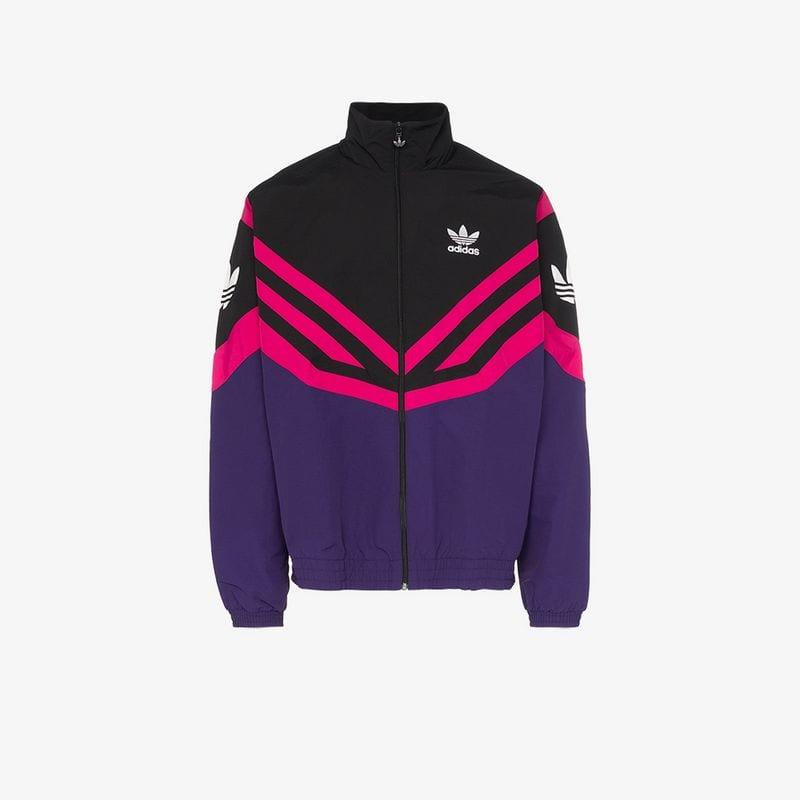 black adidas jacket with purple stripes