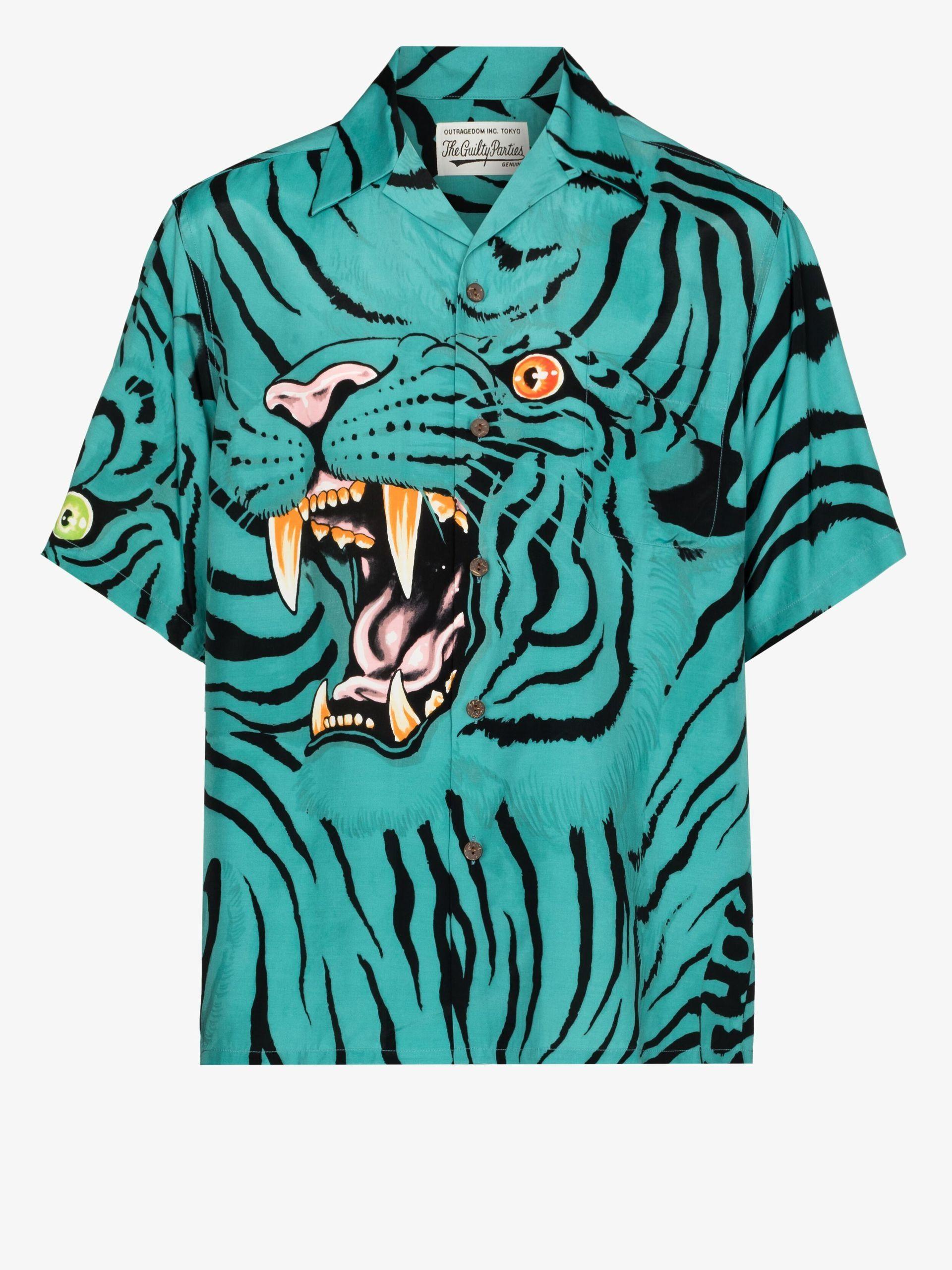 Wacko Maria X Tim Lehi Blue Tiger Face Print Shirt - Men's - Rayon 