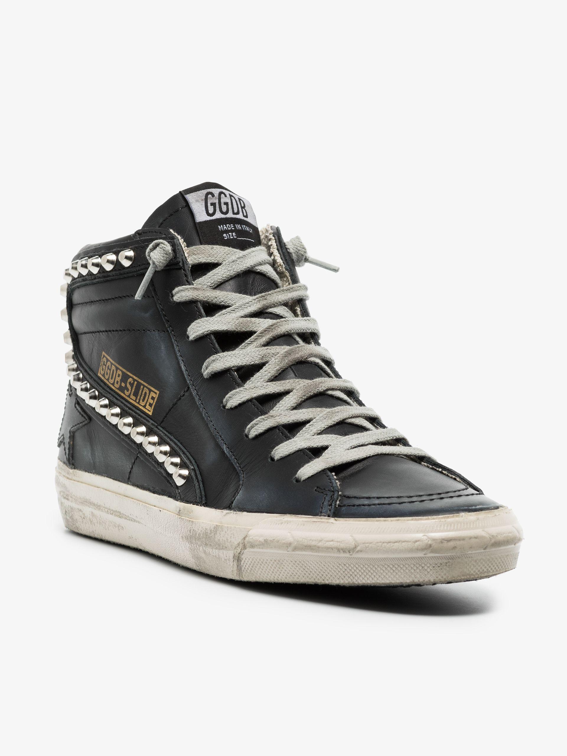GOLDEN GOOSE Slide sneakers Black leather with metal studded-