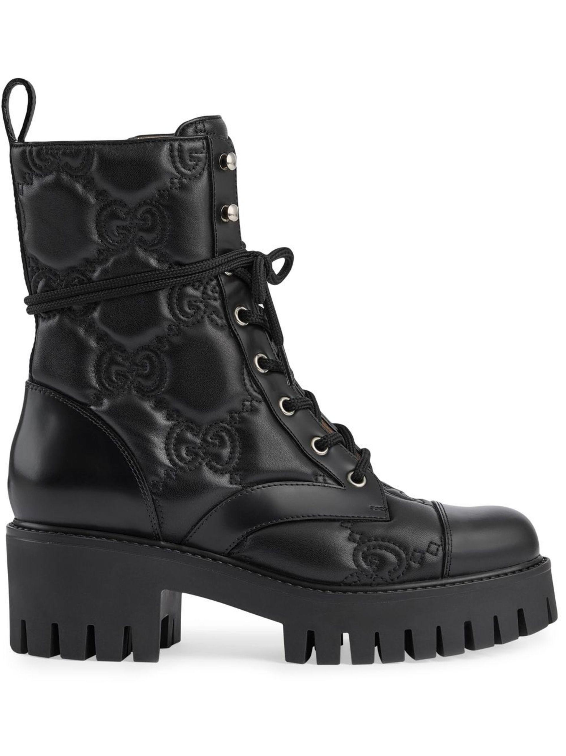 Chanel Women's Chain CC Cap Toe Lace Up Combat Boots Quilted Shiny Calfskin  Black 2139021