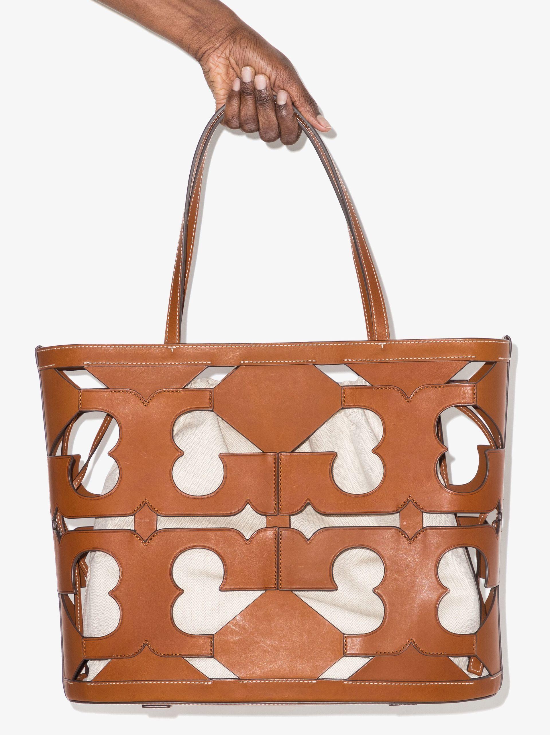 Tory Burch Double T Cutout Logo Leather Tote Bag in Brown | Lyst