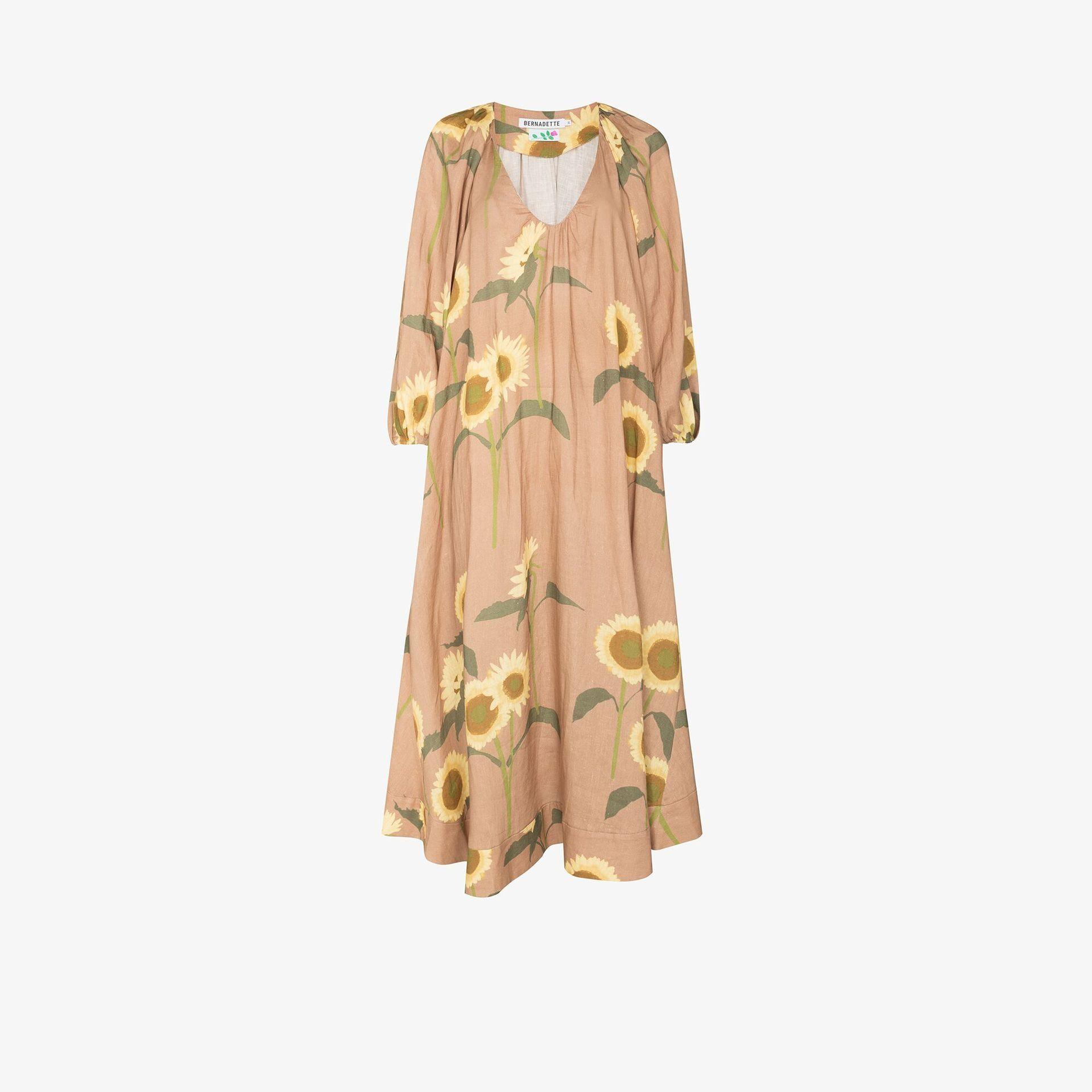 BERNADETTE Georgette Floral Print Linen Maxi Dress in Brown | Lyst