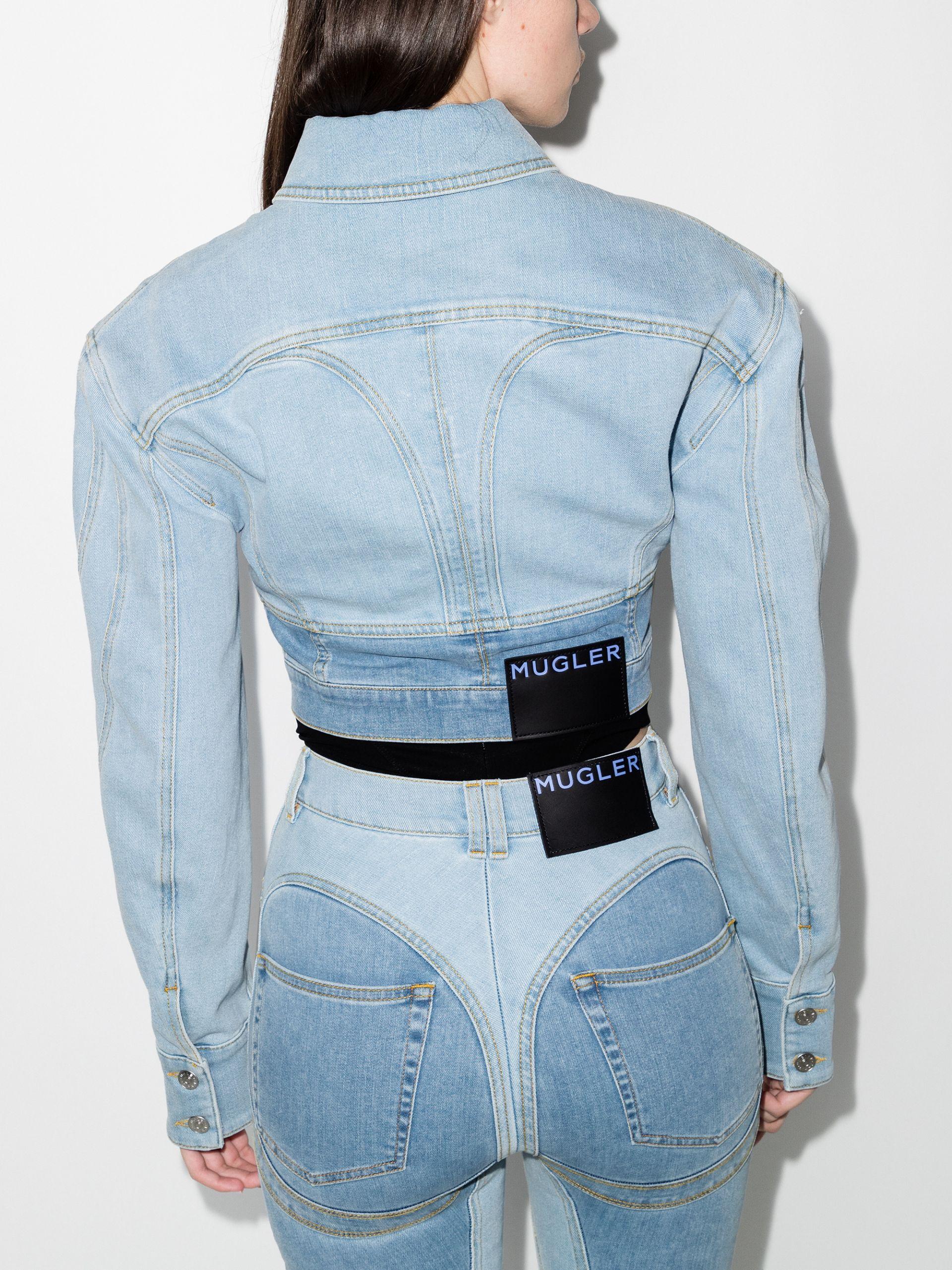 Mugler Cropped Denim Jacket in Blue | Lyst
