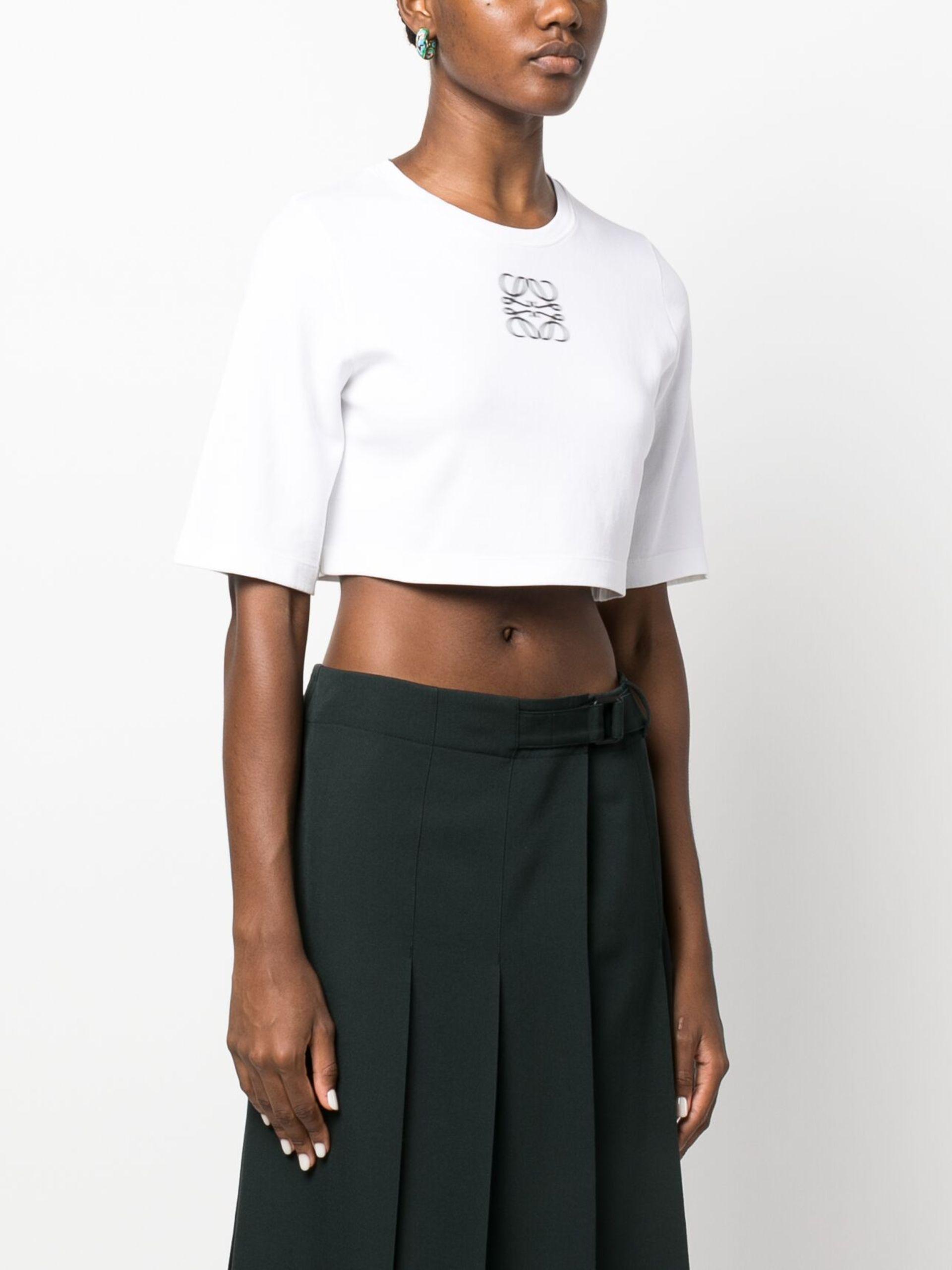 Loewe Anagram Crop Ｔシャツ Loewe // White & Black Embroidered Anagram Logo Cropped T