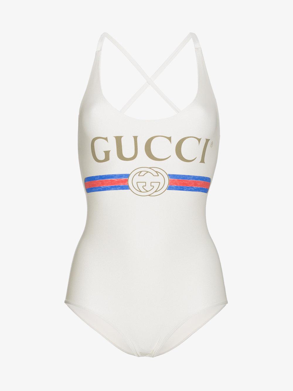 Gucci Fake Logo Front Swimsuit in Natural