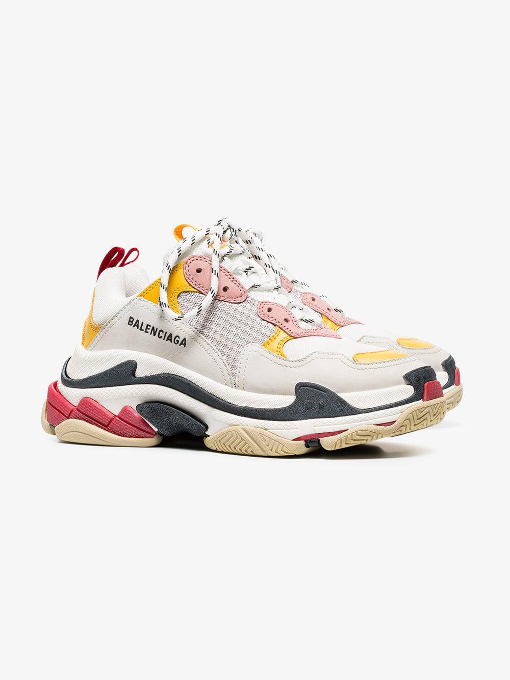 Balenciaga White, Pink And Yellow Triple S Leather Sneakers - Lyst
