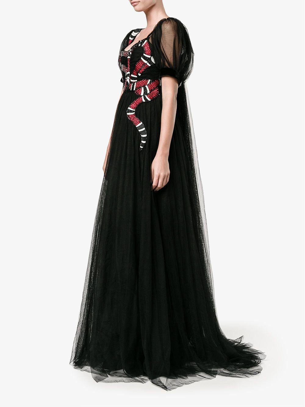 Gucci Snake Embroidered Tulle Gown in Black | Lyst