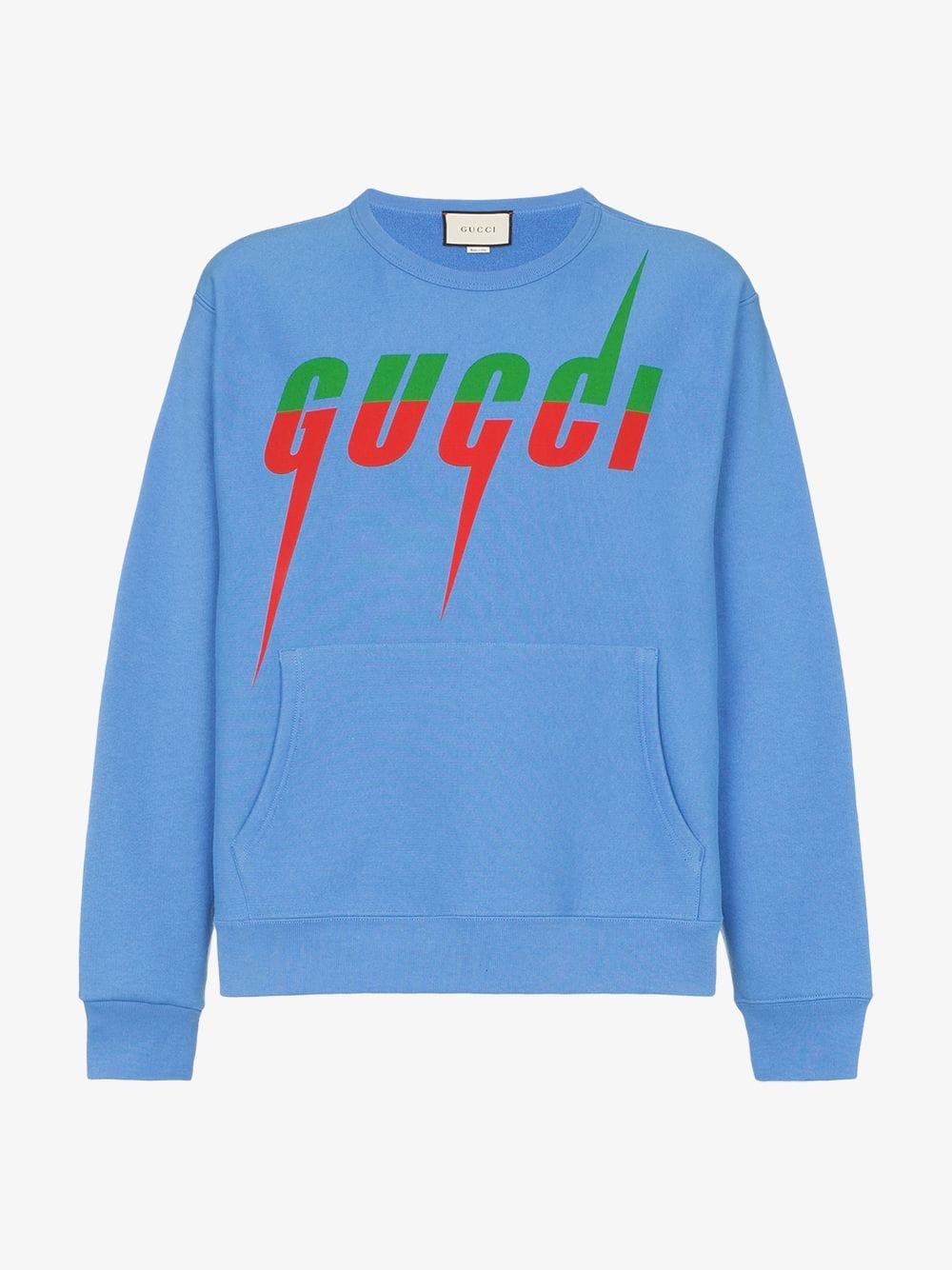 Gucci Blade Logo Print Cotton Jumper in Blue for Men - Lyst