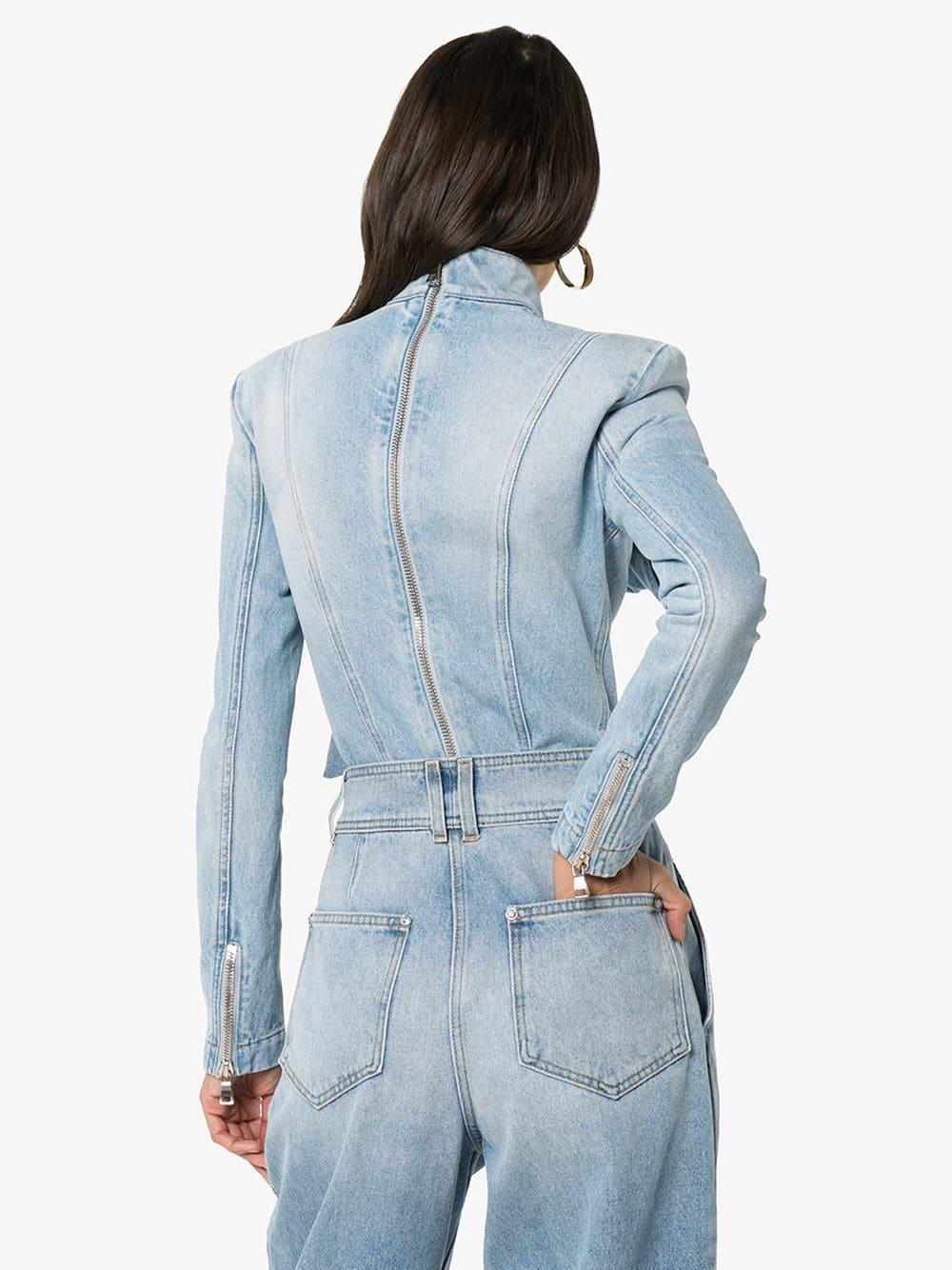 Balmain Pussybow Fitted Denim Bodysuit in Blue Lyst