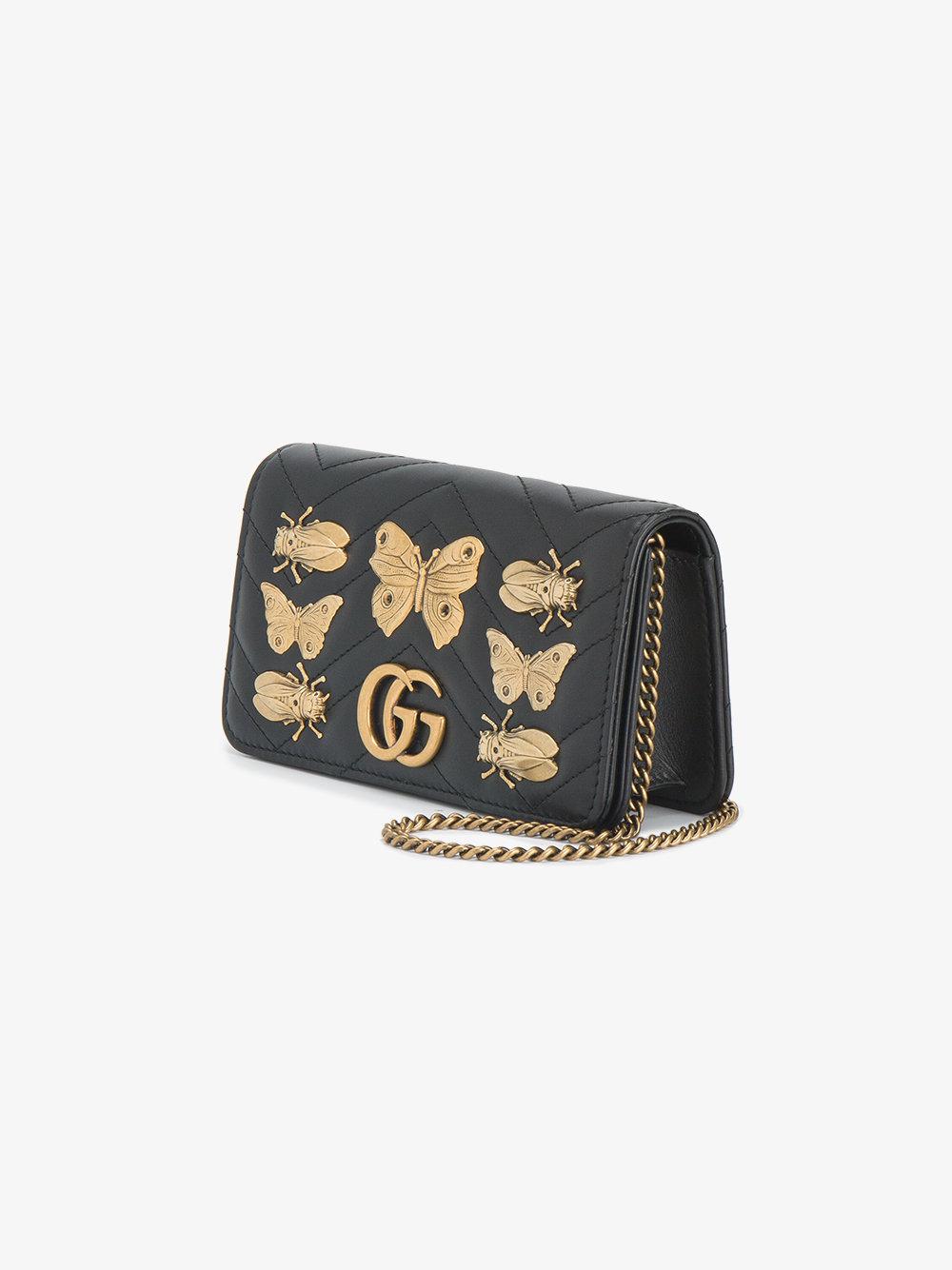 Gucci Leather Gg Marmont Bug Embellished Chain Wallet Bag in Black | Lyst