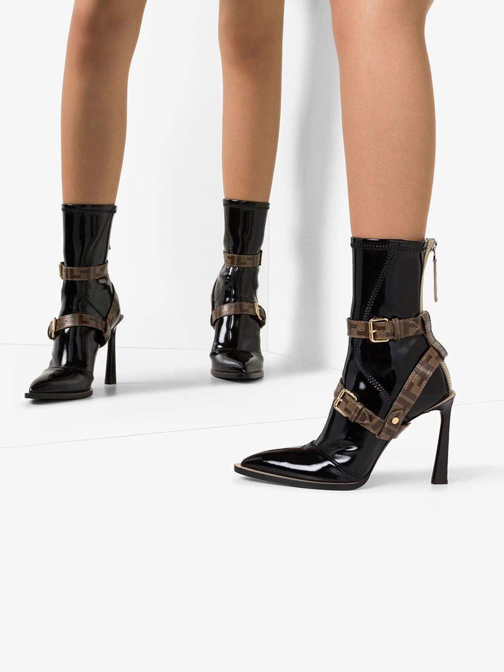 Fendi 105mm Buckled Faux Patent-leather Ankle Boots in Black | Lyst