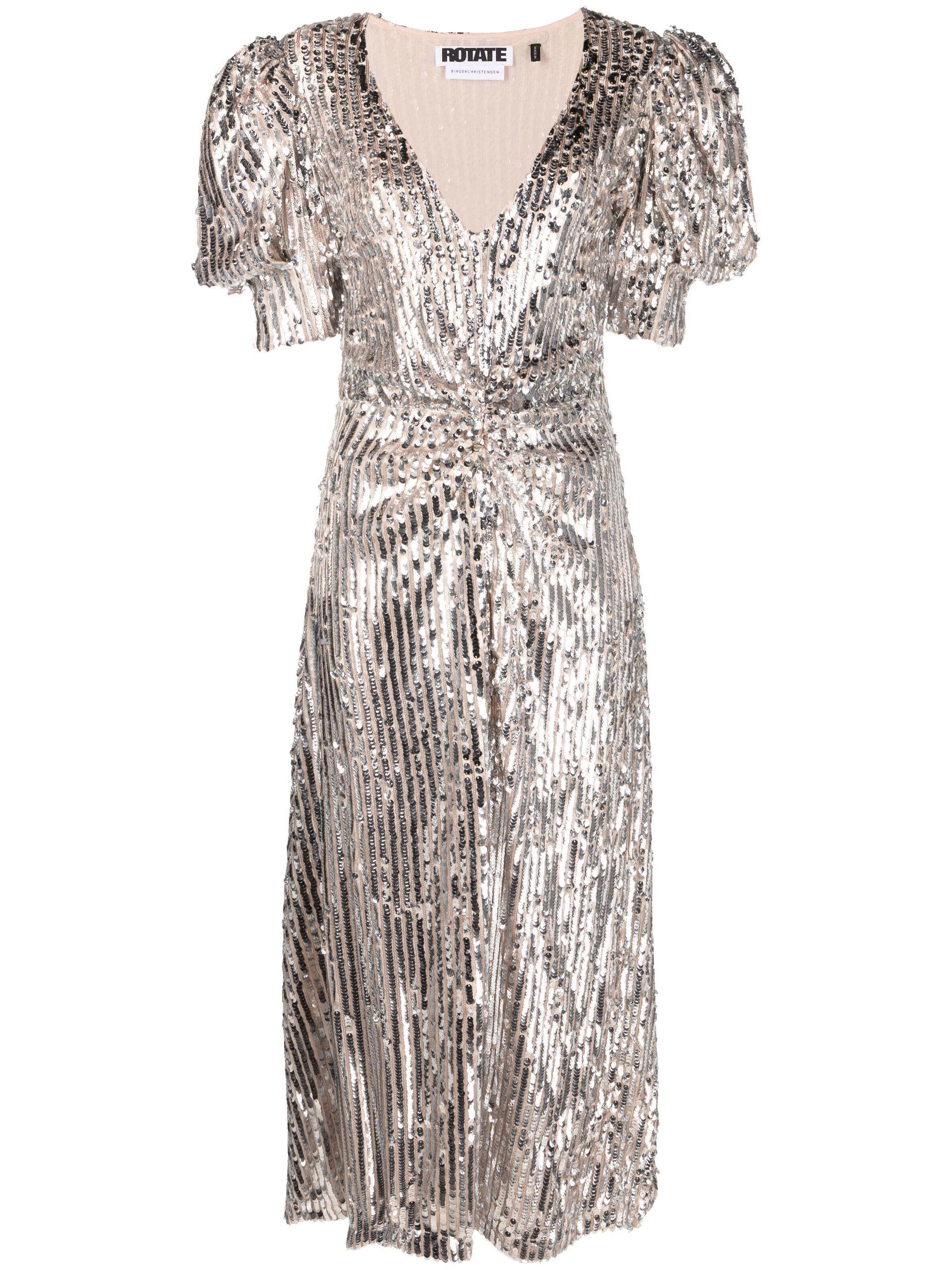 ROTATE BIRGER CHRISTENSEN Sequin Puff-sleeve Midi Dress - Women's -  Polyester in Metallic | Lyst