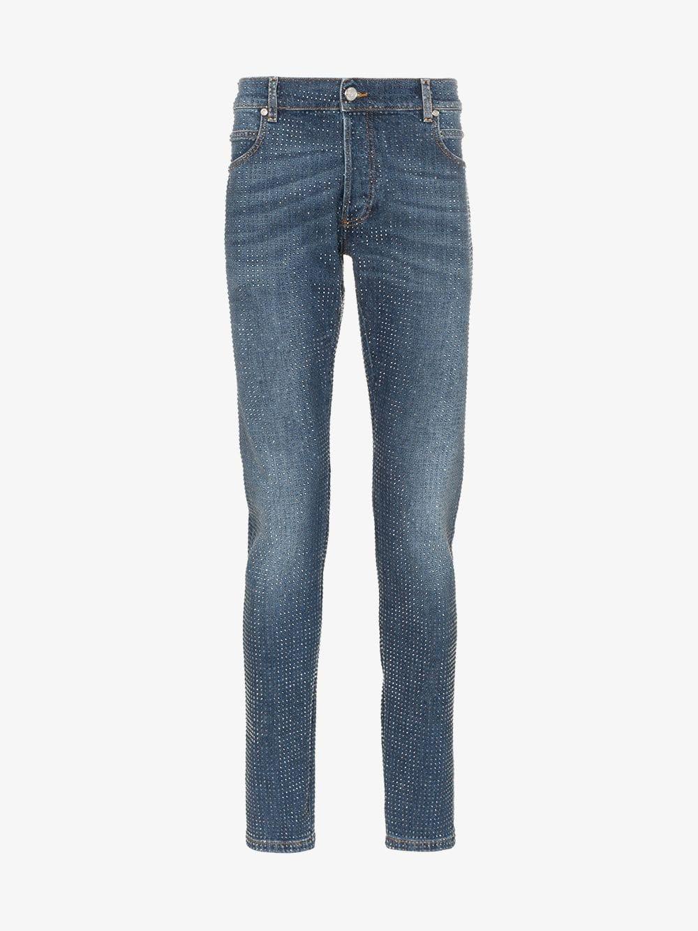 Balmain Denim Rhinestone Embellished Skinny Jeans in Blue for Men - Lyst