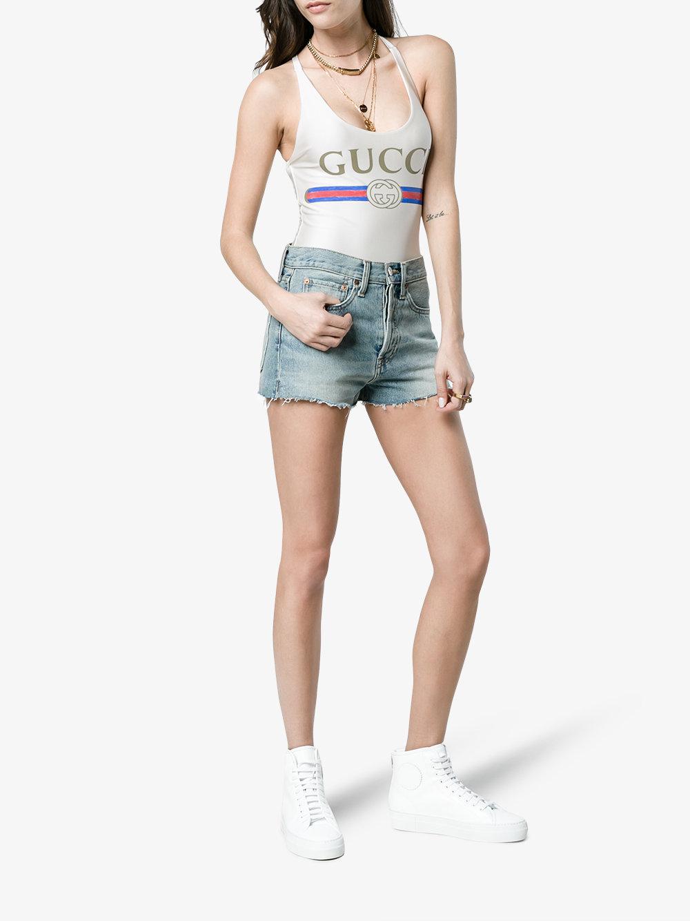 Gucci Synthetic Fake Logo Front Swimsuit in Beige (Natural) - Lyst