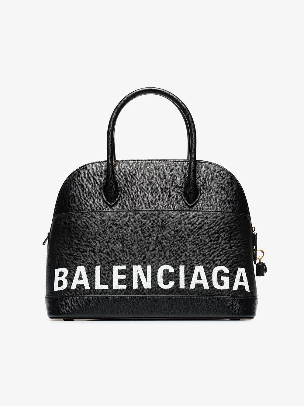 Balenciaga Black And White Ville Logo Printed Medium Leather Bag - Lyst