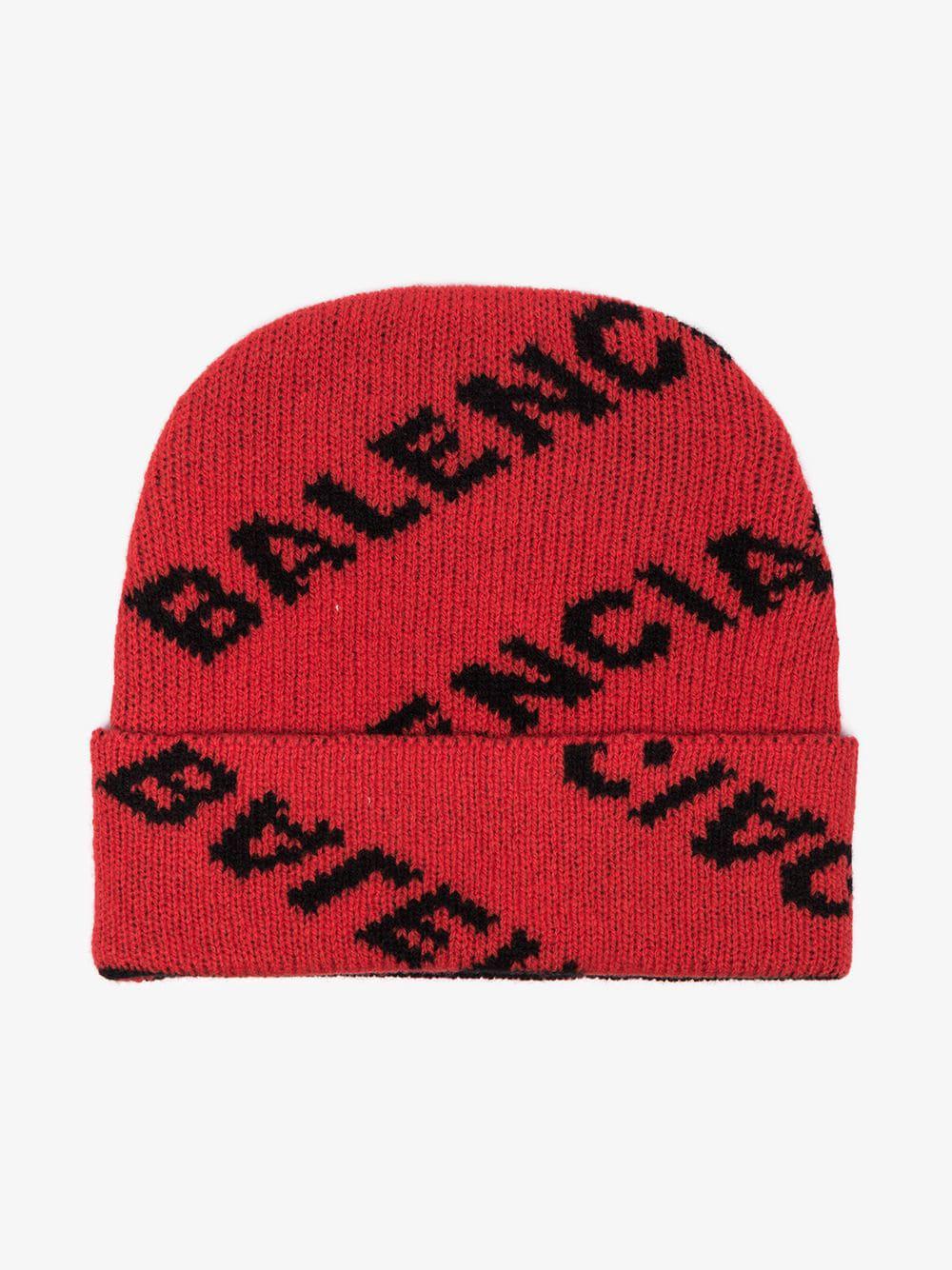 Balenciaga Red And Black Logo Knit Wool-blend Beanie | Lyst