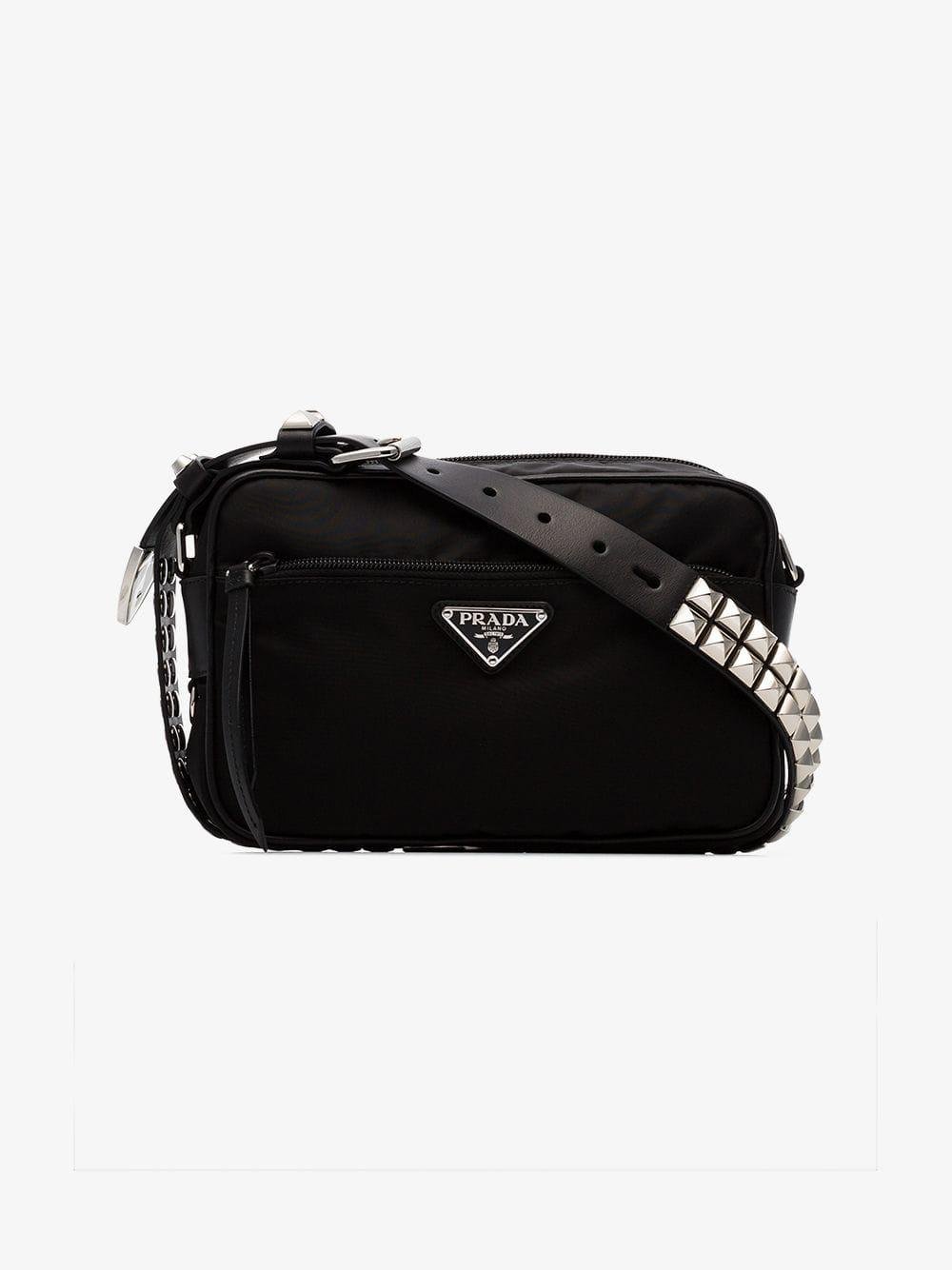 Prada Black Studded Strap Textile Shoulder Bag | Lyst