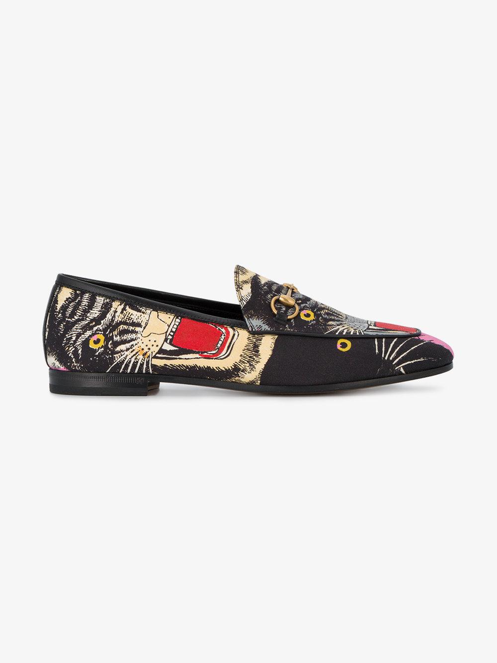 Gucci Leather Jordaan Tiger Print Loafers in Black | Lyst