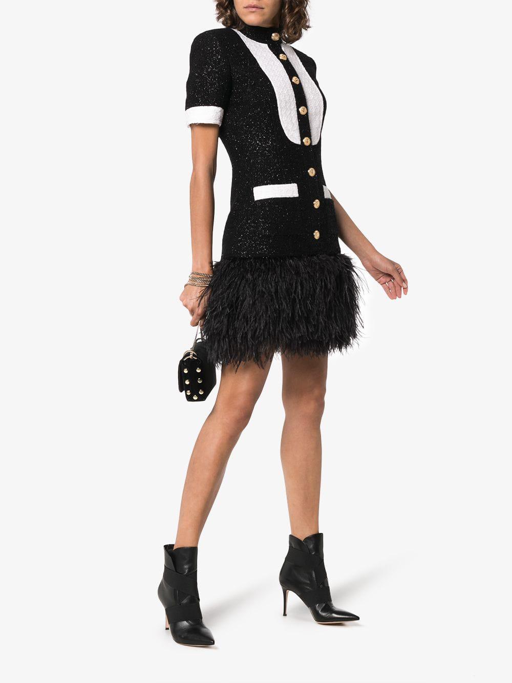 Balmain Metallic Tweed Dress With Ostrich Feathers in Black | Lyst