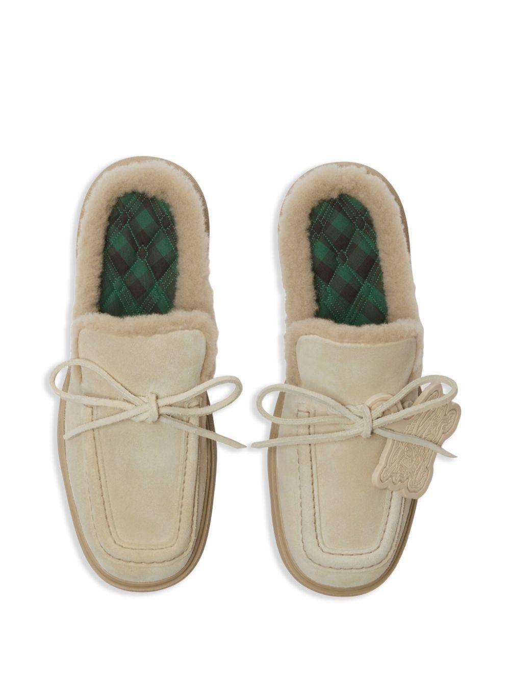 【Burberry】 Stony faux fur-lined suede mules Burberry Neutral Stony Shearling Mules in Natural | Lyst