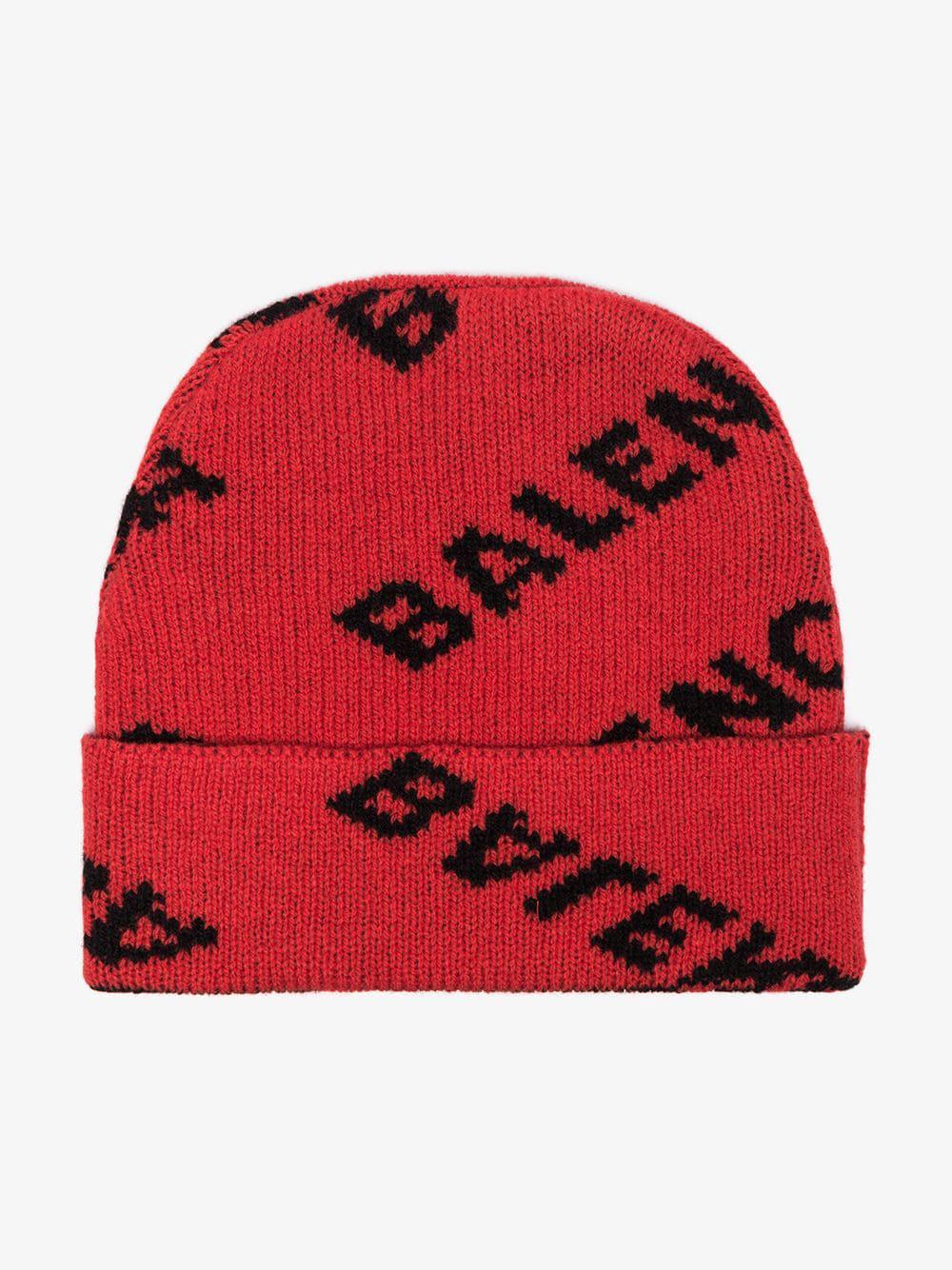 Balenciaga Red And Black Logo Knit Wool-blend Beanie | Lyst