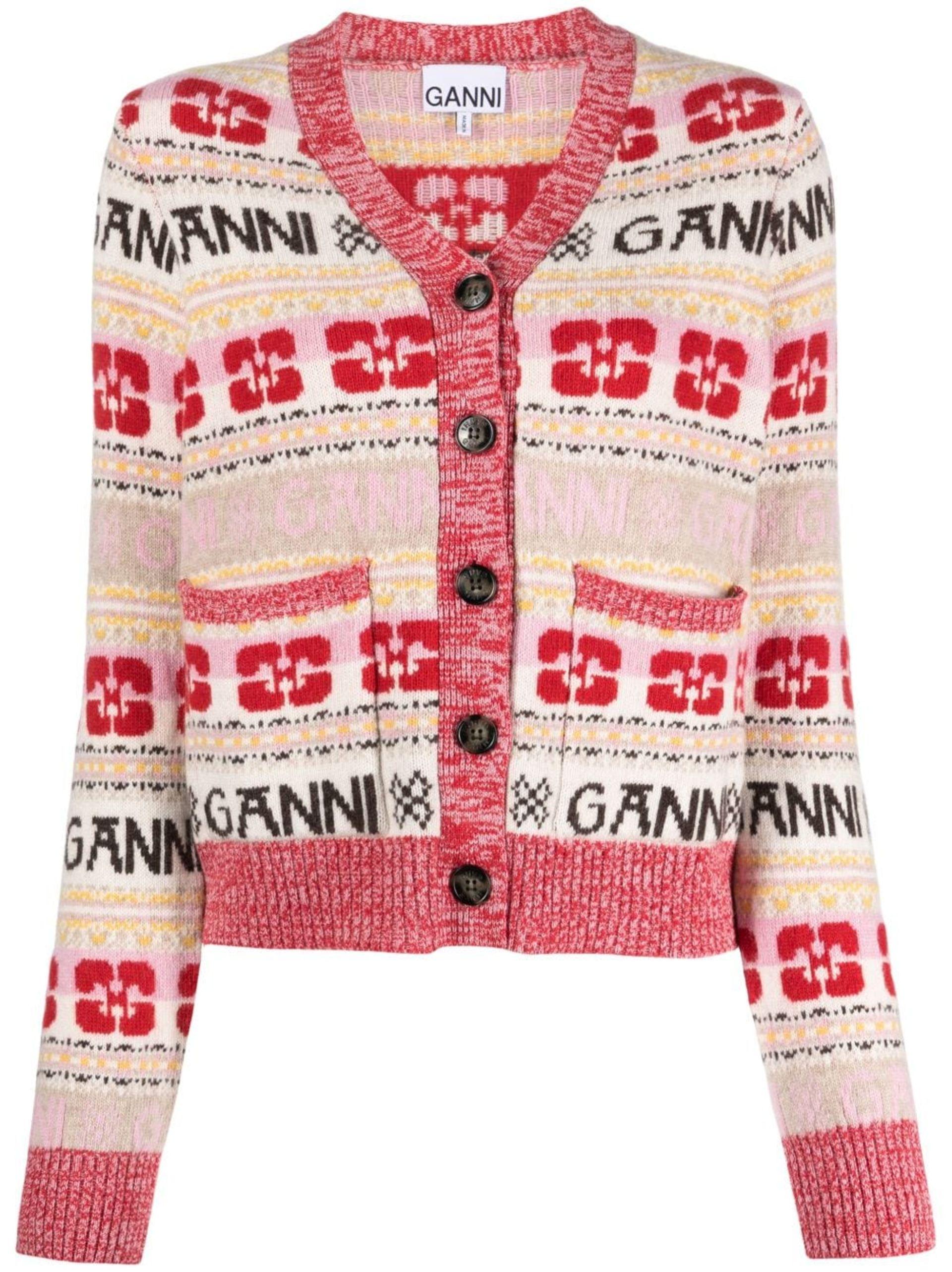 Ganni Intarsia-knit Logo Cardigan in Red | Lyst